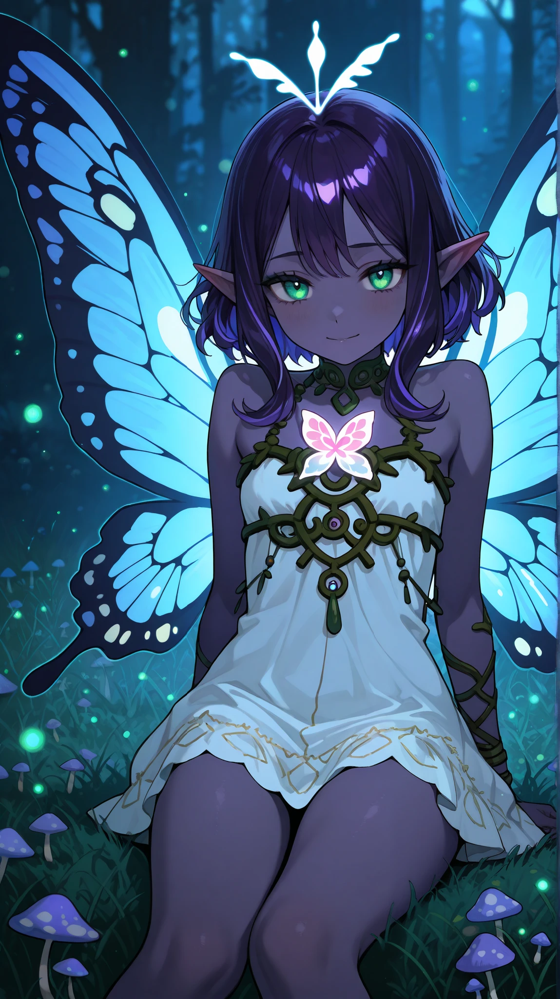 Cosmea is a dark faerie, she is a subject of the kingdom of fairies, Avalon. She lives on the edge of the Twilight Forest where it is always dusk, there are flowering trees and grass that have characteristic black and blue shades, and mushrooms and flowers have bioluminescence and are one of the few sources of light in that place, past fireflies and moonlight. Cosmea has dark purple skin with a pearl highlighter. She has long pointed ears. Cosmea has a petite asthenic physique, after all, she is an ordinary dark faerie, and cannot be more than 20 centimeters tall like the Royal representatives of the fairy family. She has dark violet hair that is always combed back by the wind as she flies on her luminous butterfly wings all the time. She is dressed in a black floral mini dress woven from cobwebs and petals of black flowers.