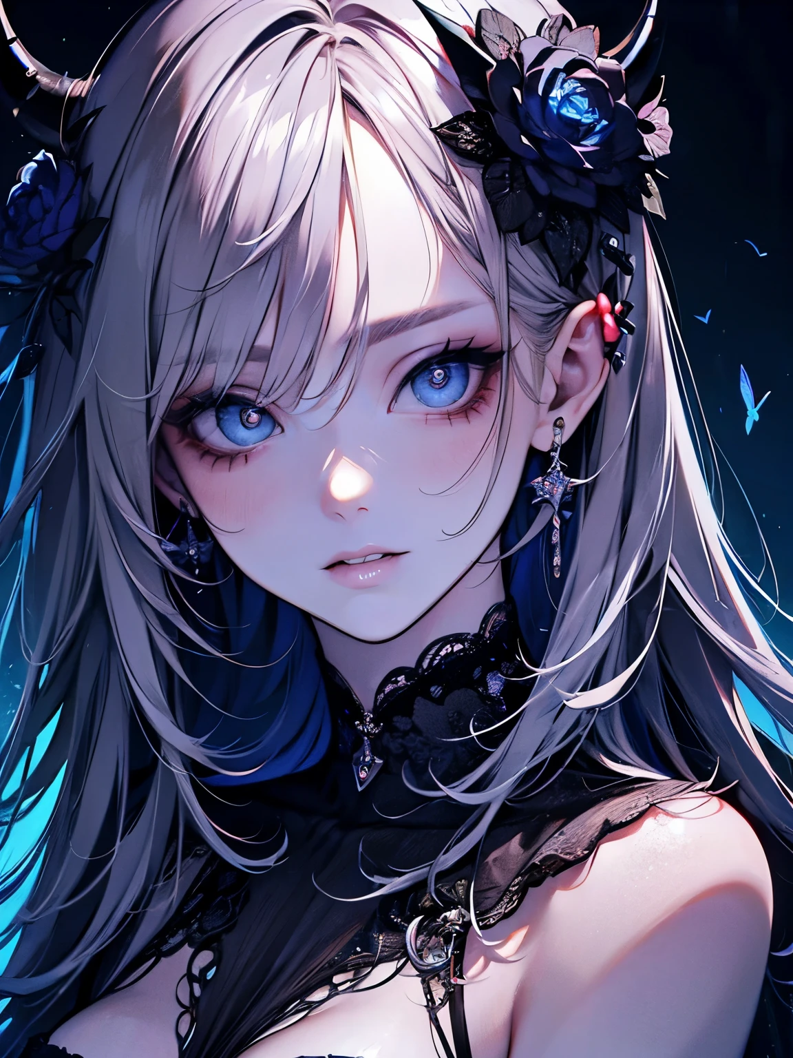 1 girl, solo, long hair, smiles, Gray Hair, blue eyes, High Resolution, Highest quality, Ultra High Definition, big breasts, Devil's Horn, black wing blur background,
