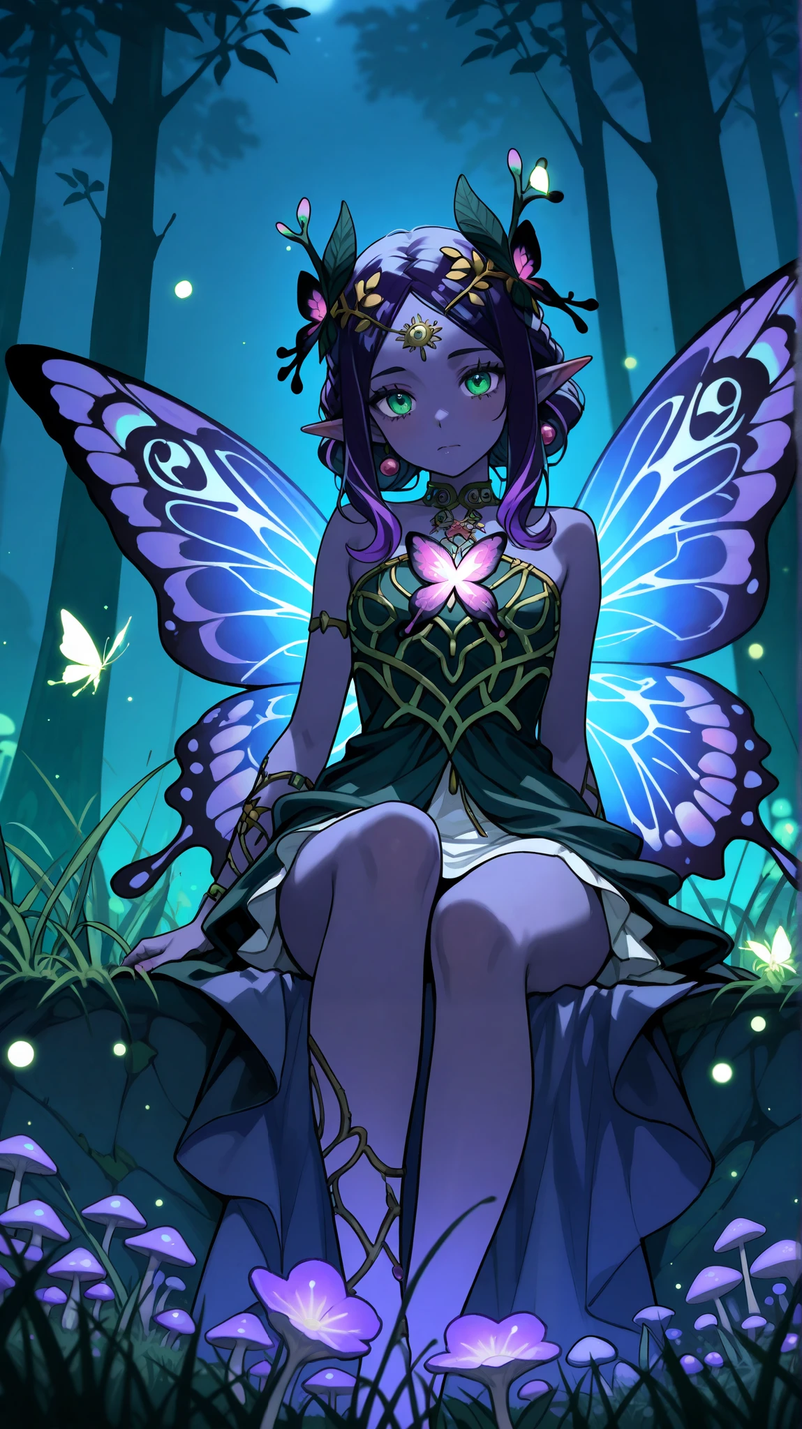 Cosmea is a dark faerie, she is a subject of the kingdom of fairies, Avalon. She lives on the edge of the Twilight Forest where it is always dusk, there are flowering trees and grass that have characteristic black and blue shades, and mushrooms and flowers have bioluminescence and are one of the few sources of light in that place, past fireflies and moonlight. Cosmea has dark purple skin with a pearl highlighter. She has long pointed ears. Cosmea has a petite asthenic physique, after all, she is an ordinary dark faerie, and cannot be more than 20 centimeters tall like the Royal representatives of the fairy family. She has dark violet hair that is always combed back by the wind as she flies on her luminous butterfly wings all the time. She is dressed in a black floral mini dress woven from cobwebs and petals of black flowers.