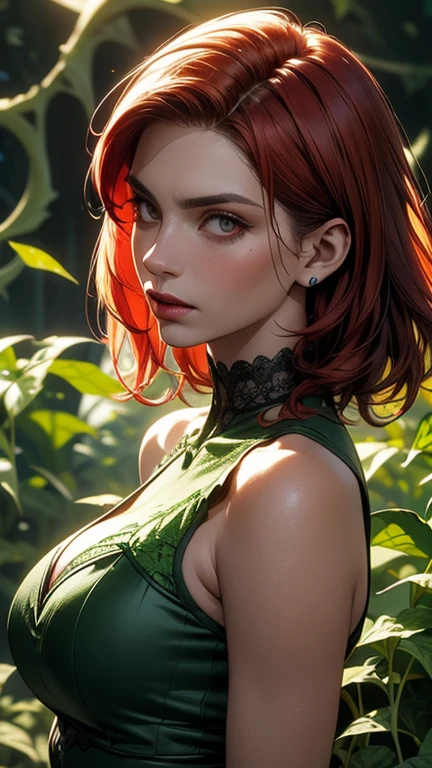 gwen tennyson,tracer,bulma,rebecca chambers,1girl,close up,mayan jungle,aztec clothing,jade head and neck jewelry,short hair,mayan jungle,green eyes,orange hair,shy smile,freckles,redhead,beautiful girl,large breasts,ultra detailed,realistic,fantasy art,