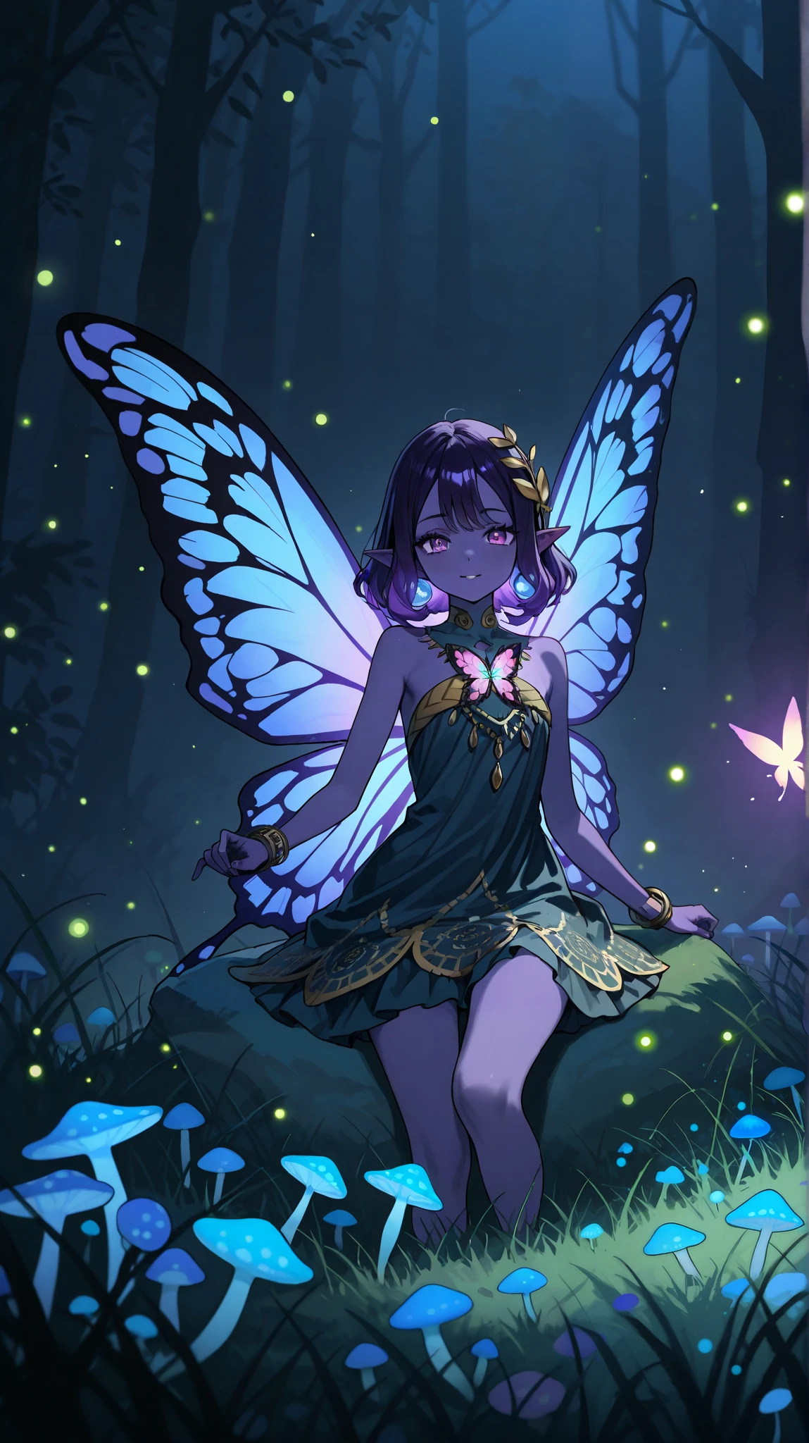 Cosmea is a dark faerie, she is a subject of the kingdom of fairies, Avalon. She lives on the edge of the Twilight Forest where it is always dusk, there are flowering trees and grass that have characteristic black and blue shades, and mushrooms and flowers have bioluminescence and are one of the few sources of light in that place, past fireflies and moonlight. Cosmea has dark purple skin with a pearl highlighter. She has long pointed ears. Cosmea has a petite asthenic physique, after all, she is an ordinary dark faerie, and cannot be more than 20 centimeters tall like the Royal representatives of the fairy family. She has dark violet hair that is always combed back by the wind as she flies on her luminous butterfly wings all the time. She is dressed in a black floral mini dress woven from cobwebs and petals of black flowers.
