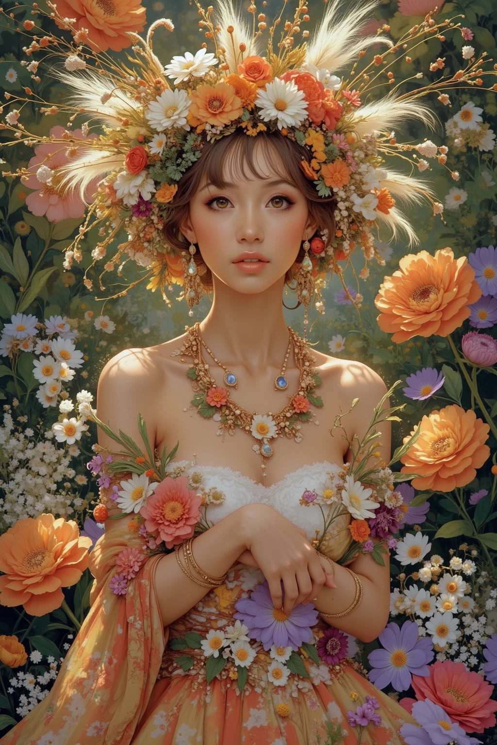 A beautiful naked girl, ((Boris Vallejo, style)) in a lush garden, Nina North beautiful gorgeous model style, sitting among colorful flowers, her skin glowing with natural light, delicate facial features, long eyelashes, full lips, detailed skin texture, barefoot, high resolution, masterpiece, ultra-detailed, photorealistic, dramatic lighting