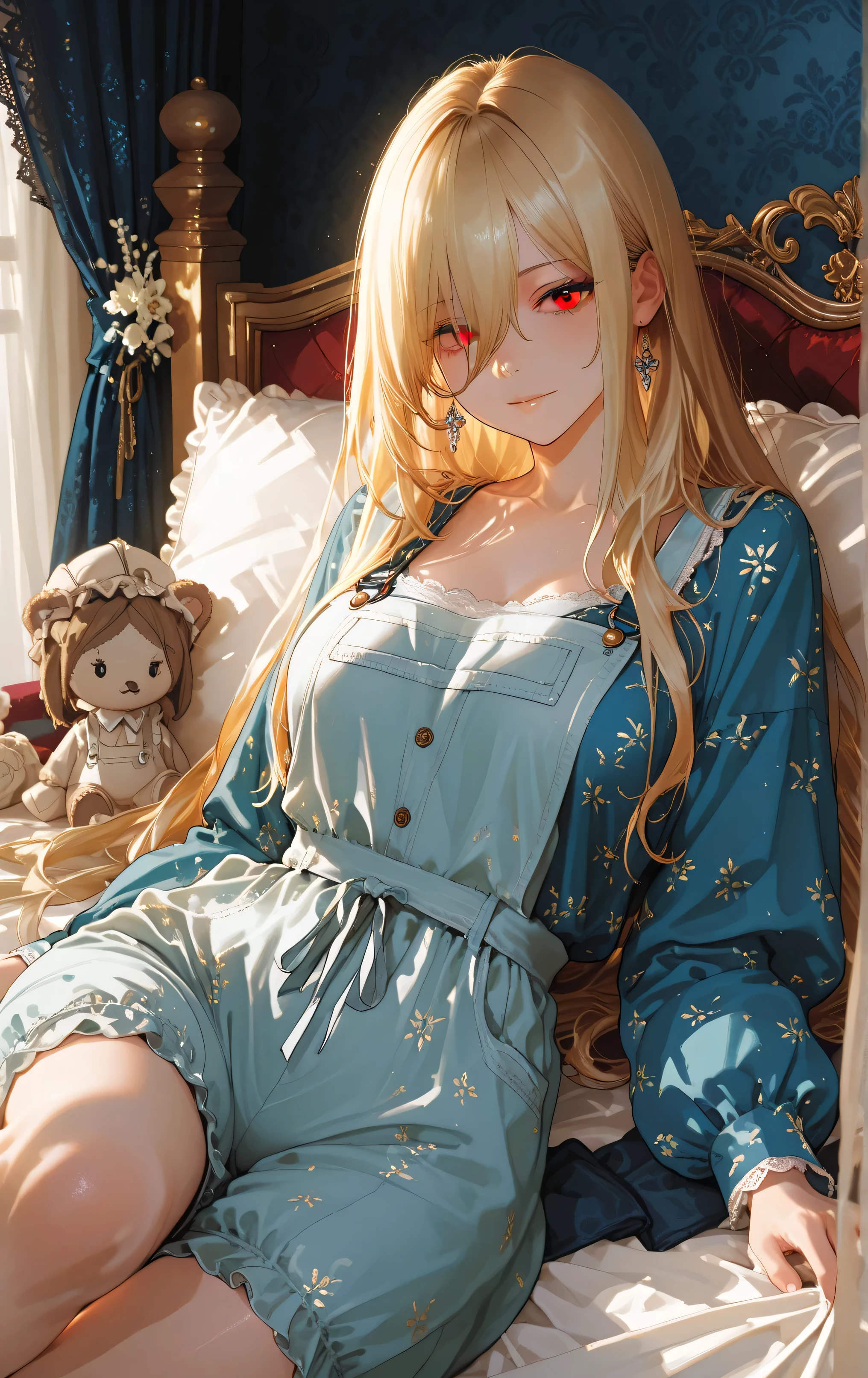 **"A high-resolution (8K) hyper-detailed digital illustration of a stunning blonde girl lying on a bed, wearing a delicate pajama set. Her long, slightly tousled golden hair cascades naturally, each strand meticulously rendered to capture texture and depth. Her striking Brown eyes are rich in color and detail, reflecting a soft, intimate glow. Her facial expression is subtle yet captivating, conveying a sense of serene beauty.
The lighting is warm and atmospheric, with gentle ambient illumination creating soft shadows and highlights that enhance the realism of her smooth, well-shaded skin. The fabric of her pajamas is finely textured, draping naturally over her body, adding to the authenticity of the scene. The background is artistically composed, featuring elegant feminine details such as delicate lace curtains, soft decorative pillows, or a gentle bloom of flowers nearby, enhancing the artwork’s aesthetic and emotional depth. The overall style is refined and cinematic, blending realism with a dreamlike artistic quality."** (Wrm)