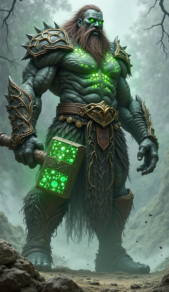 Orc, tall, imposing, and adorned in obsidian-hued shamanistic armor that emanates a sinister aura. His eyes glow with a sickly green hue, reflecting his mastery over corrupted elemental magic. Wolf head helmet, Ritualistic remains and fetishes dangle from his armor, bearing testament to his embrace of forbidden practices. His ashen-gray skin, once vibrant, now adds an eerie pallor to his visage. The air around him seems to shimmer with malevolent energies, giving him an otherworldly and imposing presence.