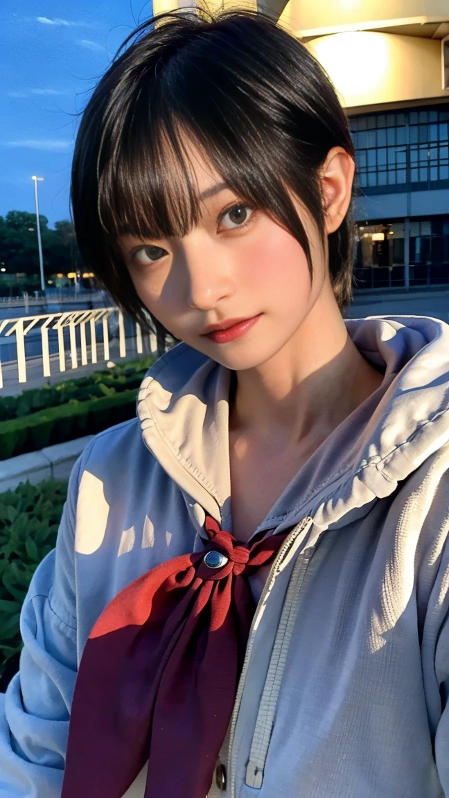 1girl, Tokyo street,night, cityscape,city lights,upper body,close-up,smile,, (8k, RAW photo, best quality, masterpiece:1.2),(realistic, photo-realistic:1.37),