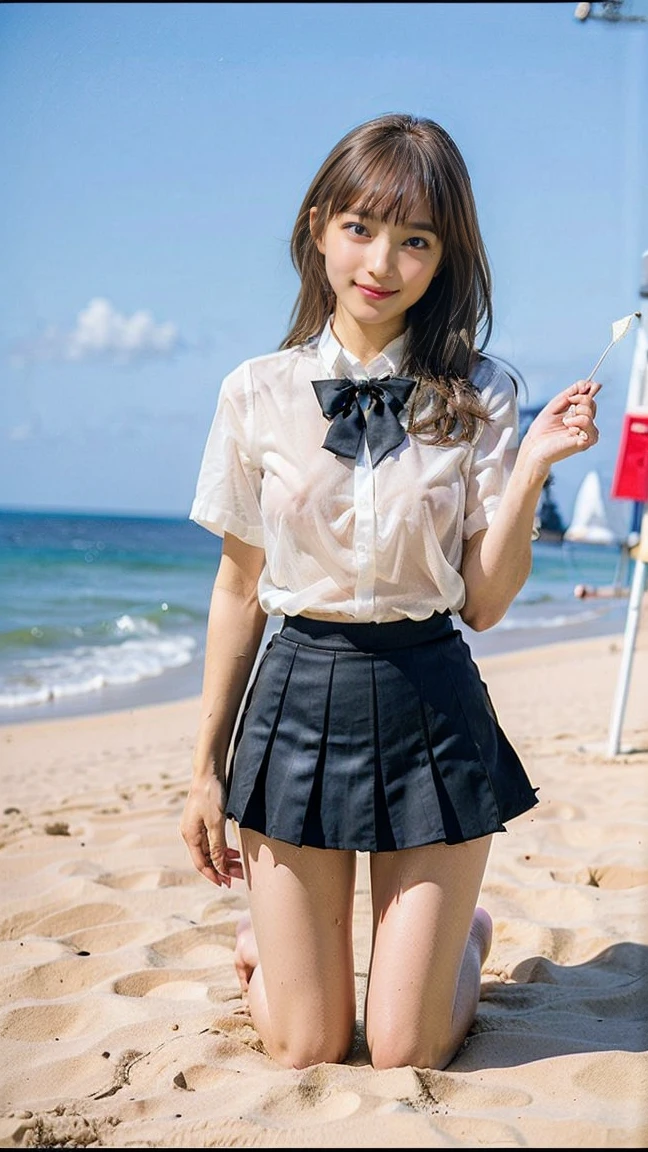 ultra highres,(reality: 1.4),highest quality, masterpiece, high detail, 16K quality, beautiful, 1 beautiful girl,japanese,super beautiful face,baby face,japanese idol face,cute face,super detailed face,detailed hand,beautiful skin,sweaty skin,big eyes,big smile,profeccional lighting,medium hair, black hair,brown beautiful eyes, white shirt,bowtie,brown checked skirt,standing,skirt lift,((wind lift:1.3)),(((show off panties))),((white panty)),medium breasts,she is looking at the camera,beach,blue sky, beautiful blue ocean,nsfw,from front,