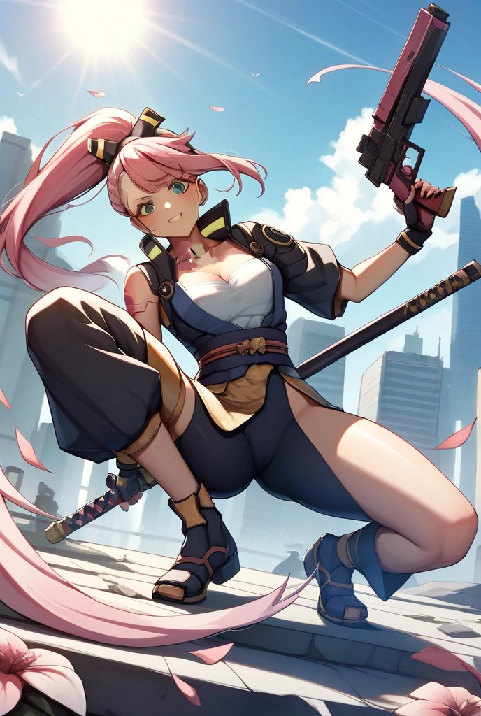 A cyberpunk samurai holding a Japanese sword, Majo_PS, dynamic pose, fighting against 2 shadow enemies 、2 shadow samurai in the background, ponytail、pink hair、 Japanese cyberpunk kimono、 perfect face 、perfect eyes, Masterpiece, anatomically accurate , top quality, textured skin, full body、 back and legs flowers tattoos 、anime sketch 、cyberpunk city, ARW