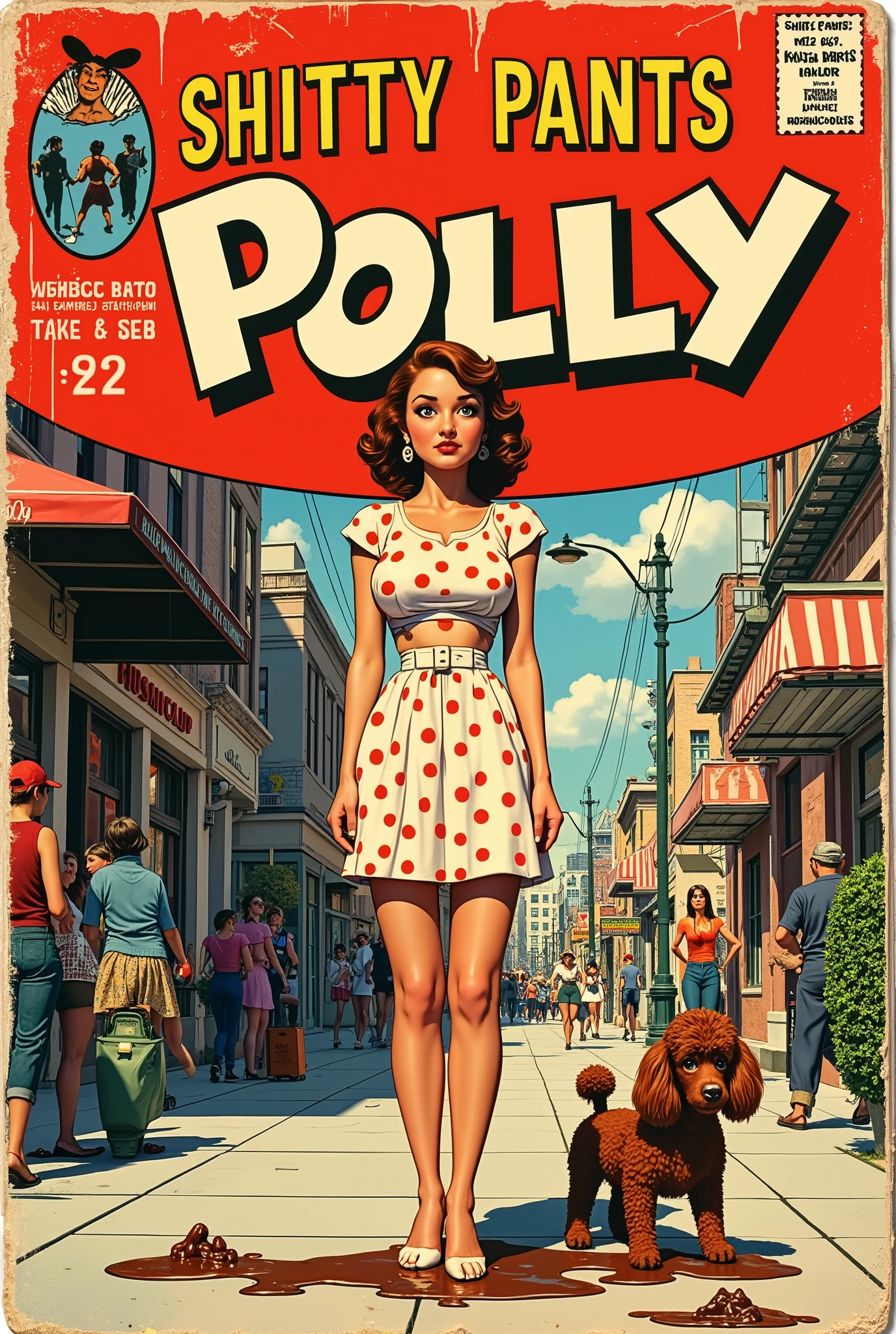 vintage 60s comic book, "SHITTY PANTS POLLY", classic action style comic book font, stroke embossed border, torn cover, worn, collector's item, show price and publisher logo, girl in polka dot dress, pooped her panties, looks shy and embarrassed, on the sidewalk with her poodle, cute cartoon style, retro 60s, bold colors, detailed, erotic, NSFW, lurid and vivid colors, detailed, intricate, gouache paints, Steranko, Bernie Wrightson, Wally Wood, Frazetta, Mort Künstler, Jack Kirby, medium contrast lurid vivid lighting, classic comic aesthetic, Italian fumetto, chocolate syrup running down their legs, melted chocolate clumps on the bed