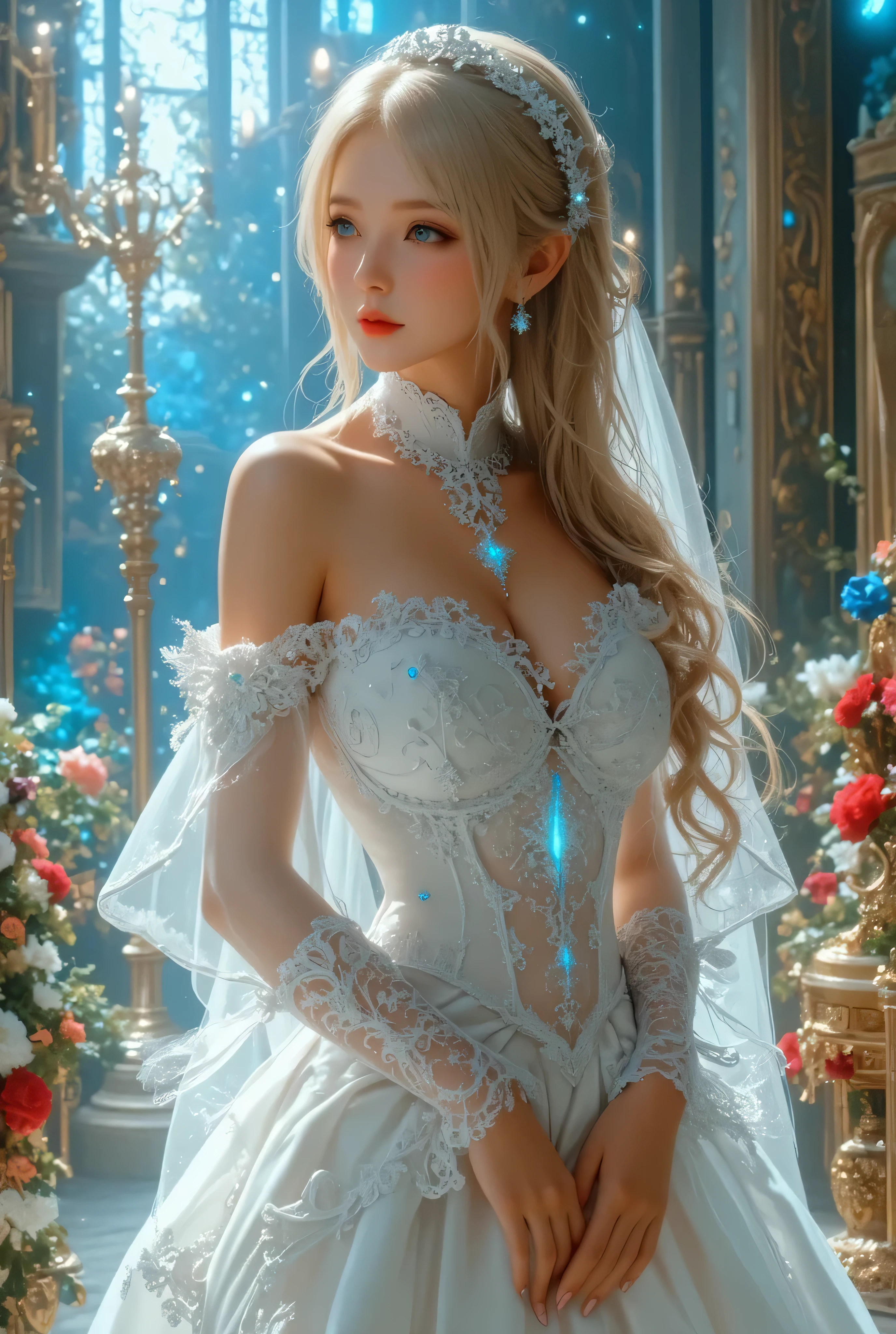 masterpiece，Highest image quality，Super details，best quality ,extremely delicate and beautiful, Very detailed,best quality, official art, Extremely detailed CG unified 8k wallpaper, Ana de Armas portrait photo, Blonde hair with black pupils，shiny skin,  (beautiful eyes:1.1), beautiful skin, big watery eyes，(detailed lighting:1.2), (Beautiful and detailed light:1.3),The noble Poseidon wearing the Ice Sea Saint Clothes，Intricate details of the Ice Sea Sacred Cloth，Gorgeous and complex hollowed out ultra-thin Ice Poseidon dress，Beautiful udder, The most perfect breast shape，firm breast，Deep cleavage，Naked of breast，complex, digital drawing, Smooth, sharp focus, end of the world, epic reality, (high dynamic range:1.4), (pastel colors:1.4), Revelation，Bright colors, screen space refraction, (intricate details, Super detailed:1.3), art station, lens, complex background, buliding，Beautiful smile，The most beautiful look，Dreamcatcher earrings，The best look，beautiful ice sea goddess，