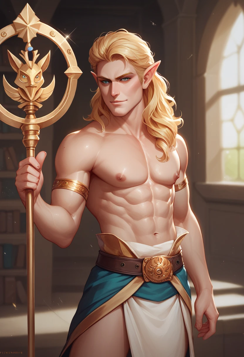 Naked, upper body naked, legs bare to the toes, cascade of long platinum curls, blue eyes, intricate muscle details, photorealistic illustrations, 4K resolution. Background: ancient ruins with glowing symbols, 32k UHD, best quality, masterpiece, super detail, high image quality.
