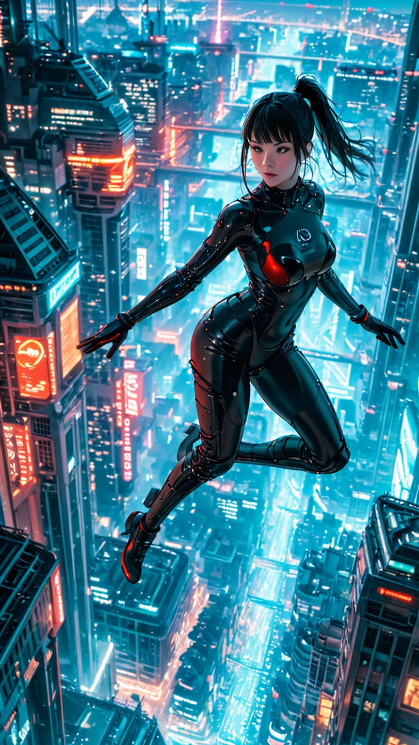 (ultra-detailed, masterpiece:1.2), extremely detailed artwork, best quality, high-resolution, hyper-realistic:1.37, attractive girl, breathtaking leap, background cityscape, realistic lighting, vibrant colors, elegant dress, flowing hair, graceful posture, mesmerizing expression, captivating eyes, delicate facial features, dynamic movement, bustling streets, towering skyscrapers, busy traffic, glowing neon signs, vibrant city life, breathtaking urban scenery, intricate architectural details, vivid city lights, bustling city ambiance, bustling streets, modern cityscape, urban energy,red suit