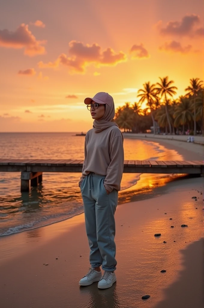 a beautiful Indonesian woman, aged 17, white, well-groomed face, wearing a hijab, wearing a denim jacket, jeans and sneakers. the face should be clear. the woman was sitting on a beautiful iron chair. on a beautiful and wide beach. Beautiful and sunny weather background. You can see the beautiful and wide sea. Around the woman's neck is a NIKON D850 camera. There are beautiful coconut trees on the beach. the woman is holding a chocolate coffee. Beautiful panorama at night in the morning. photography. original photo.8K HD.