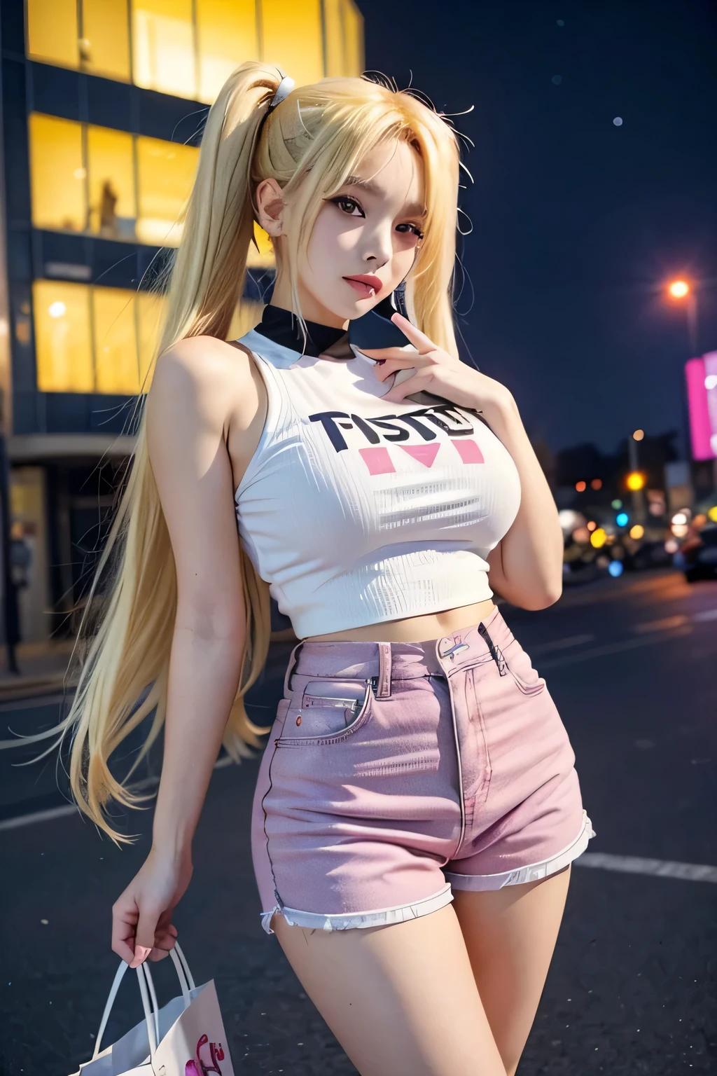 A beautifull girl, 19 years old, named Lola, pale skin, hot girl, big breasts, tattoed body, pink long hair, hair with fringe, dressing a street wear yellow jacket, t-shirt tight, shor skirt, cyberpunk city, thick thighs, 8k, real person, natural moviment, in a rooftop at night, no nude.