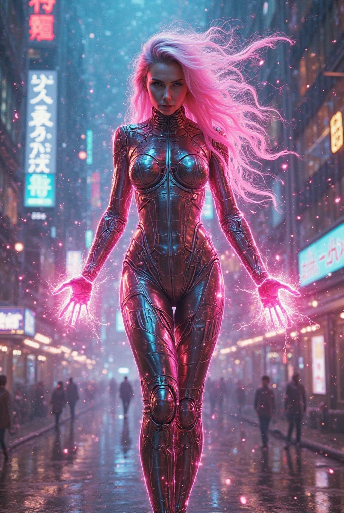 a beautiful girl who has super powers, pink hair, bright pink eyes, red lips, posing with power, has a body made of jelly, pink jelly, transparent body, inhuman, extraordinary woman, Night city background, night, pink light effects, pink splash effect, jelly woman,Amazing girl, Awesome, Masterpiece, explosion effect, best quality, highly detailed, realistic, hyper realistic, 8k