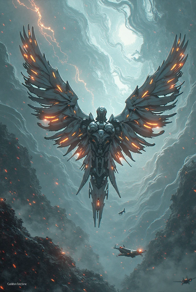 detailed face, super low angle, (floating seraph), (long and wide 12 wings), thick sword on fire, ruins, flame, necklace on fire, (battle field), 3 fighter jet,