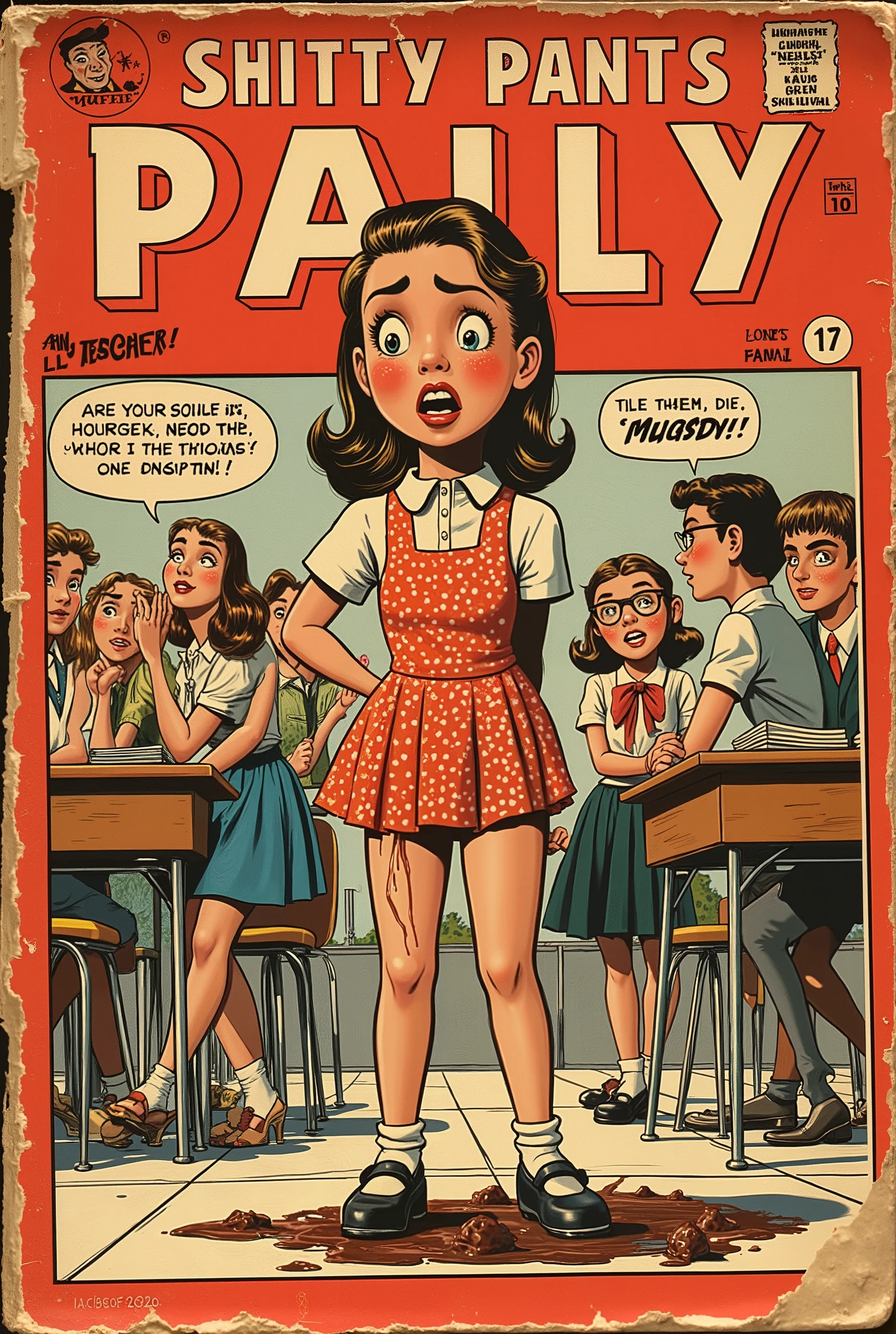 vintage 60s comic book, "SHITTY PANTS POLLY", classic ren's style comic book font, stroke embossed border, torn cover, worn, collector's item, show price and publisher logo, cute sweet girl in polka dot dress, pooped her panties, panties down to her knees, all muddy, looks shy and embarrassed, in her classroom, other students shocked, teacher with horn-rimmed glassesis upset, cute classic cartoon style, retro 60s, bold colors, detailed, erotic, NSFW, lurid and vivid colors, detailed, intricate, gouache paints, Steranko, Bernie Wrightson, Wally Wood, Frazetta, Mort Künstler, Jack Kirby, medium contrast lurid vivid lighting, classic comic aesthetic, Italian fumetto, chocolate syrup running down her legs, melted chocolate clumps on the sidewalk