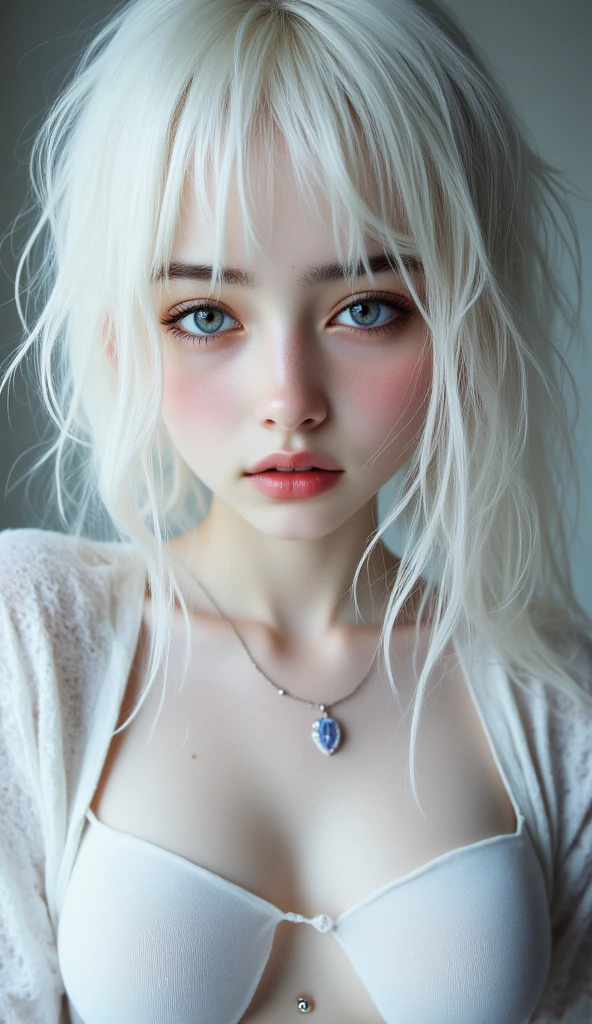 Perfect girl with an 8k image, medium breasts, purple eyes, butt-length hair, white hair color, snow-white skin color, athletic body, defined with an 18-year-old appearance, reddish lips with an innocent face