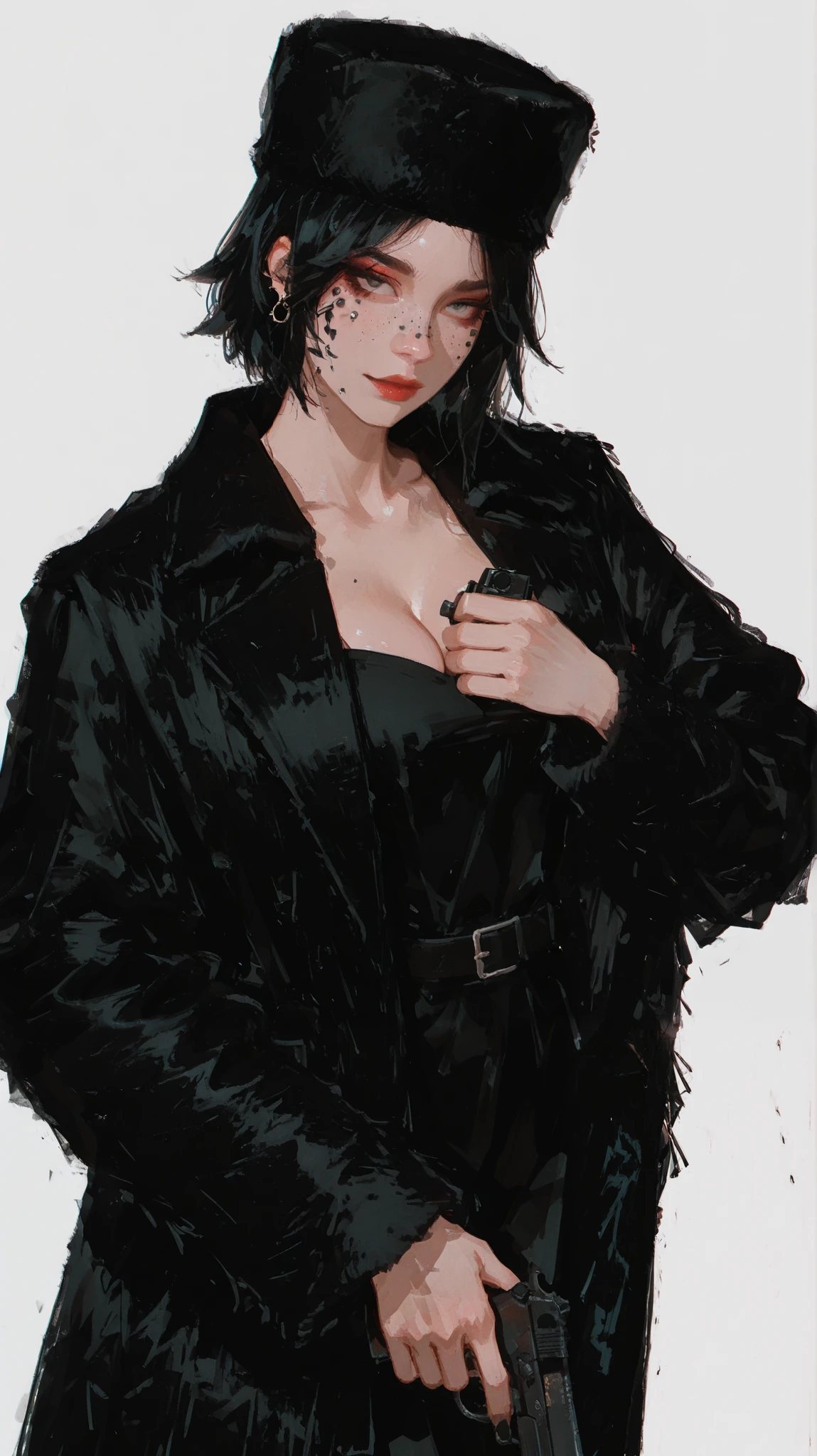 masterpiece, is of the best quality, amazing quality, are very beautiful, Bust like a beautiful、Dignified woman,Tomboy, exquisite facial features, long black hair , This woman is wearing a black fur coat,Shiny ,Wearing a Russian fur hat, holding a pistol , Open the chest, showing cleavage. add bold colors, intricate details. The atmosphere is very elegant, exudes confidence and style. with simple background , and the light shines on her face from above