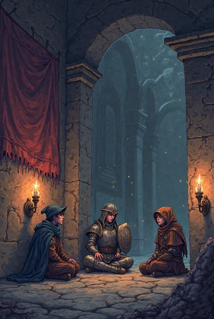 Details pixel style, three young heroes sitting on the floor against a wall, just regaining consciousness. A mage in a cloak and hat, a warrior in plate armor with a shield and sword, and a rogue in leather armor with a hood. They are in a large, dimly lit chamber with a high ceiling. The walls are adorned with dusty, faded tapestries that once were vibrant but now hang limp and worn. The air is stale, and the only light comes from faintly flickering torches embedded in the walls, casting ominous shadows on the floor and walls. The atmosphere is eerie, with shadows seeming to move of their own accord.