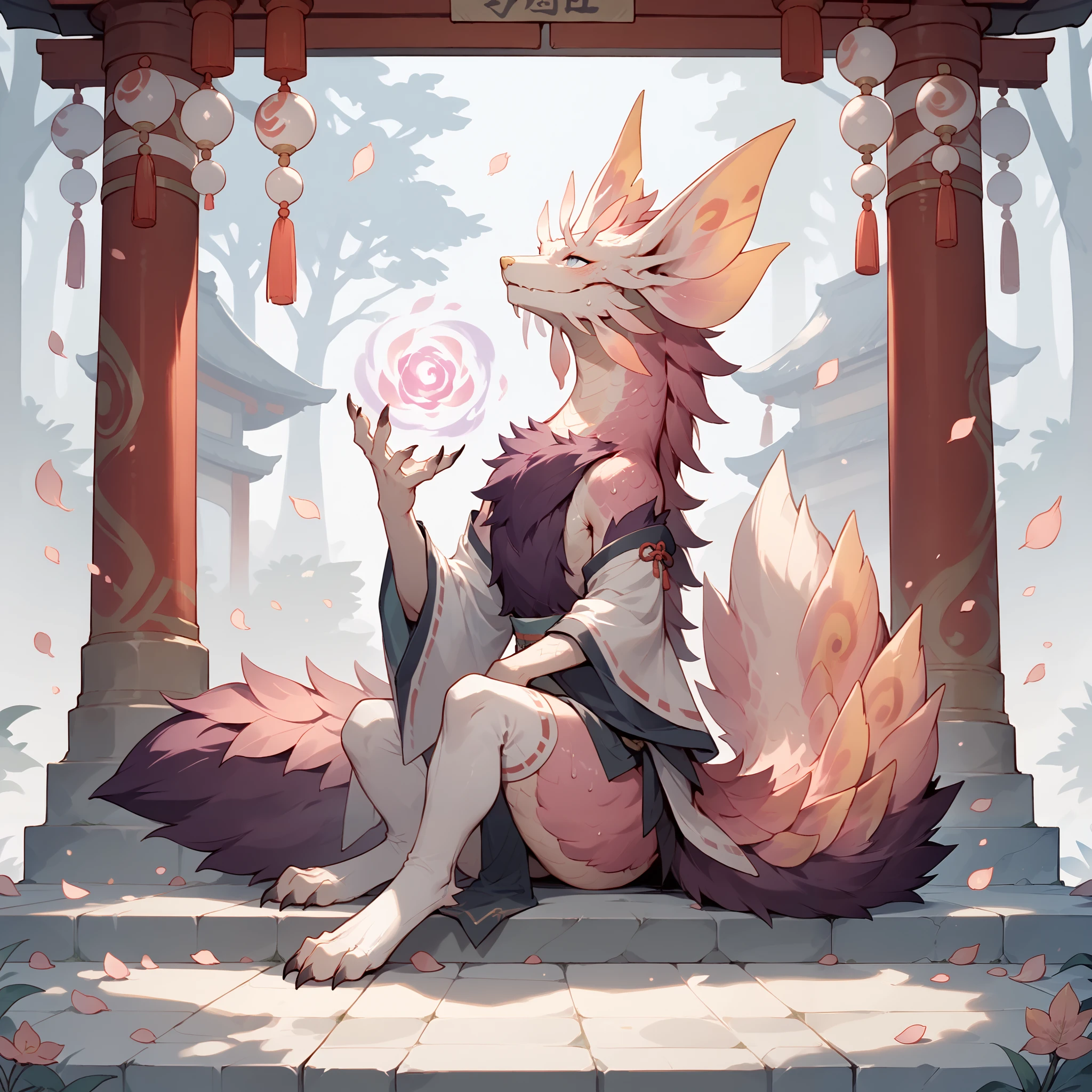full body,alone,dragon,femboy,beast,blue eyes,shrine,petal,mizutsune,paw,Sitting,wearing white stockings,sweaty
illustration,alone,Double, magic ,plant magic ,Broad dragon tail, white scales,Tail hair ,fluffy tail,Purple fur ,Loincloth,Looking up, and step on the camera ,Tied,syncope。