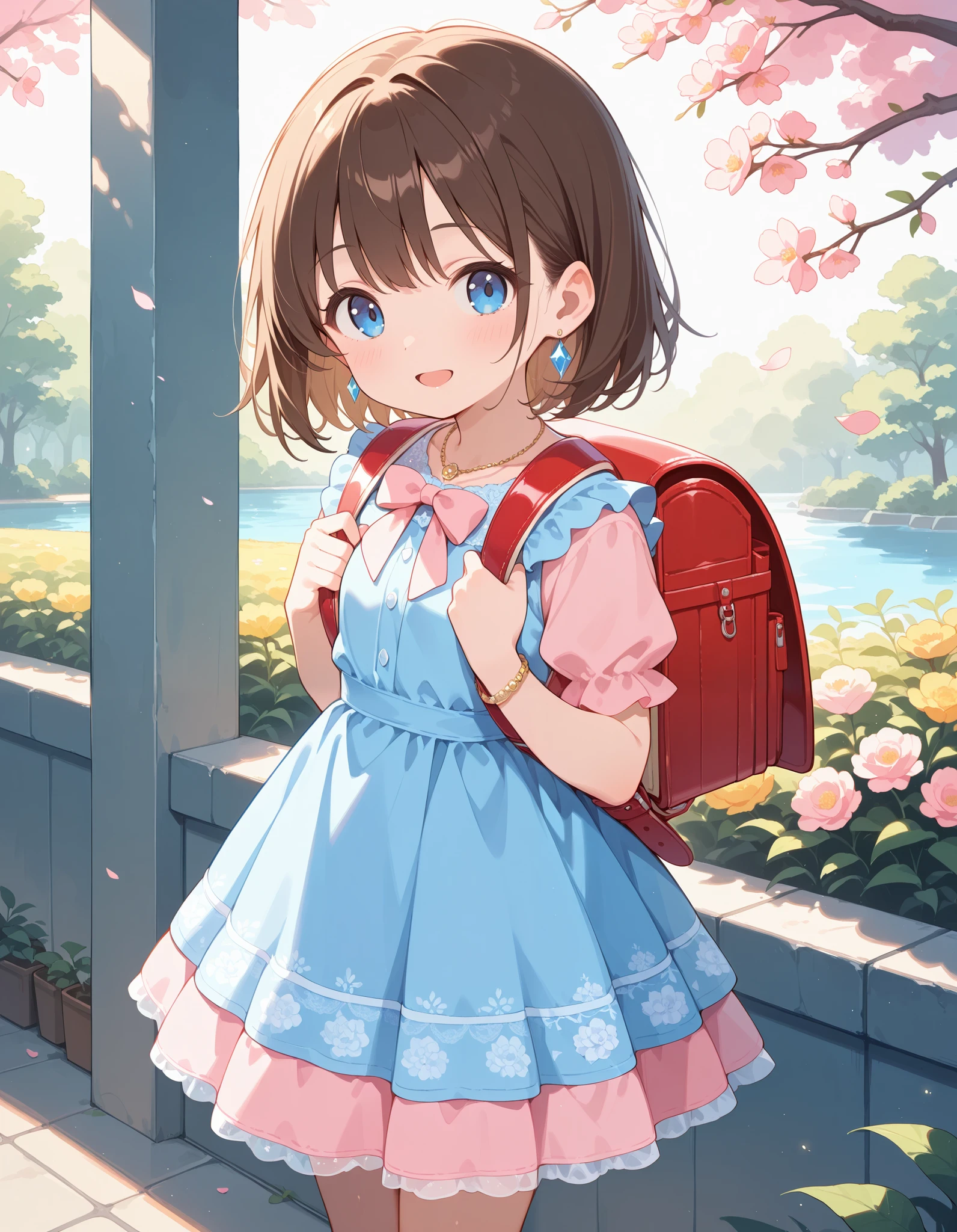 Masterpiece, hd, best quality, there is a girl standing in a blue dress, wearing pink floral chiton, beautiful pink , brown hair, wearing a pink dress, dressed in a blue dress, girl, Traditional Attire, bowtie, necklace, diamond earrings, in a fancy dress, frilly outfit, wearing beautiful clothes, wearing floral gown, cute young girl, dressed in a beautiful, wearing randoseru backpack, red backpack, standing, outdoor