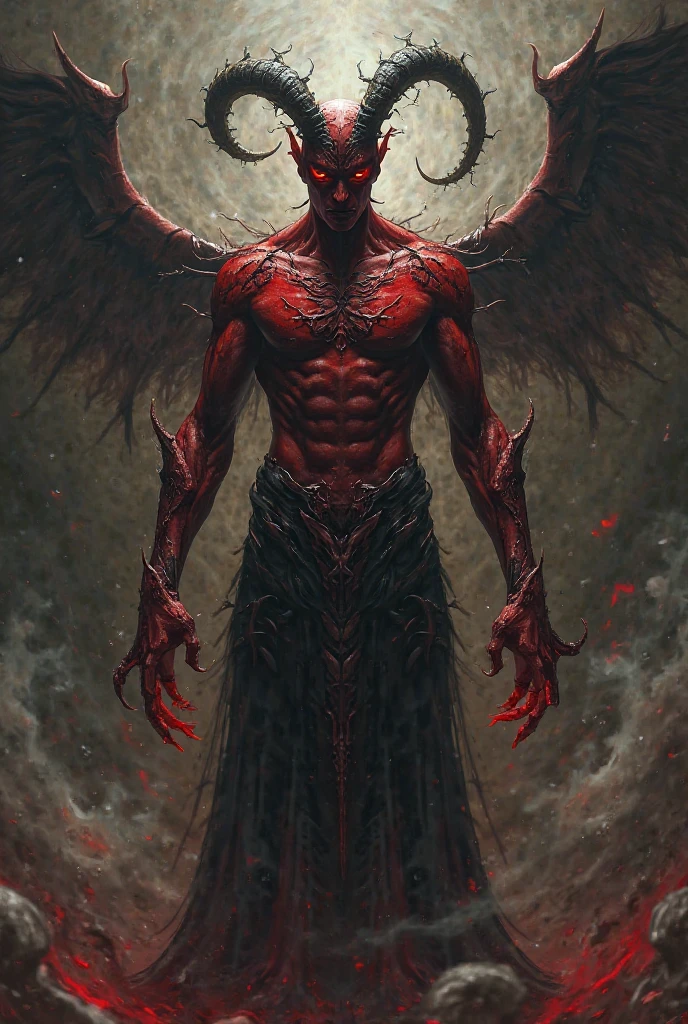 Create an image of male demon spreading his leg showing his vagina