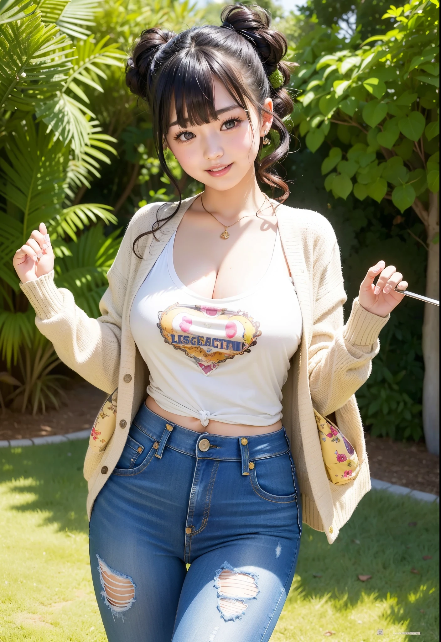 (highest quality,masterpiece:1.3,Ultra-high resolution),(Very detailed、Caustics) (Realistic:1.4, RAW shooting、)Ultra-Realistic Capture、Very detailed、Natural skin texture、masterpiece、(Japanese girl in a printed t-shirt and jeans tight skirt:1.3)、Wearing a cardigan over、Adorable expression、Expressions of happiness、14 years old、Height: 160cm、Young Face、Amazingly cute、Twin tail hairstyle、Curly Hair、Scrunchie、necklace、Black Hair、light makeup、H cup breasts、Shining thighs、Shining ass、Photo shoot in a private garden、Background details、smile、An inviting gaze、Anatomically correct、Cowboy Shot、Attention to detail、Sexy and cute pose