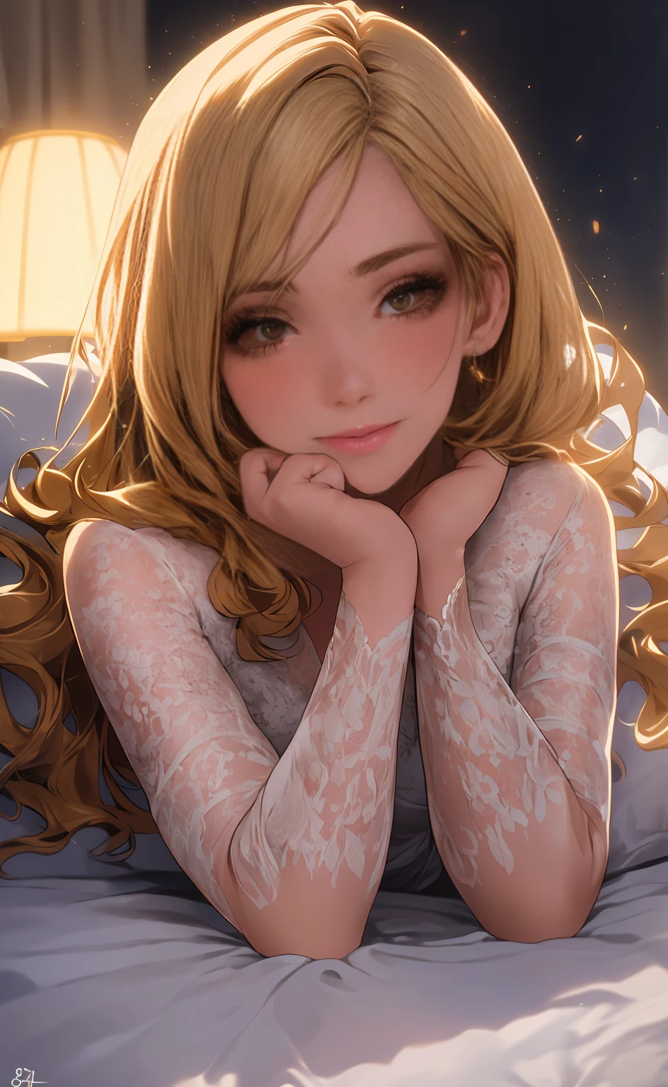 blond，shiny golden hair，The girl lay on the bed，Perfect beautiful face，Pure white lace pajamas、Sleep flat on the bed、arms raised、armpit