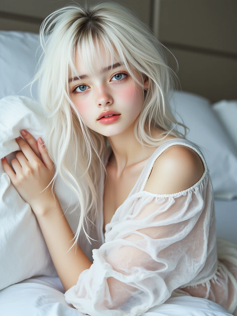 (Hyper Real), (illuminations), (A high resolution), (8K), (The content is very detailed), (Best Best Illustration), (beautidful eyeest quality), (ultra - detailed), (tmasterpiece), (Wallpapers), (Detailed faces), Alone, (dynamicposes), one-girl, white curly hair on bed, Lose clothes, , iris colored eyes, (((Very skinny, short pajamas, legs long, The best way to ride your legs, (cap), (Not carried)