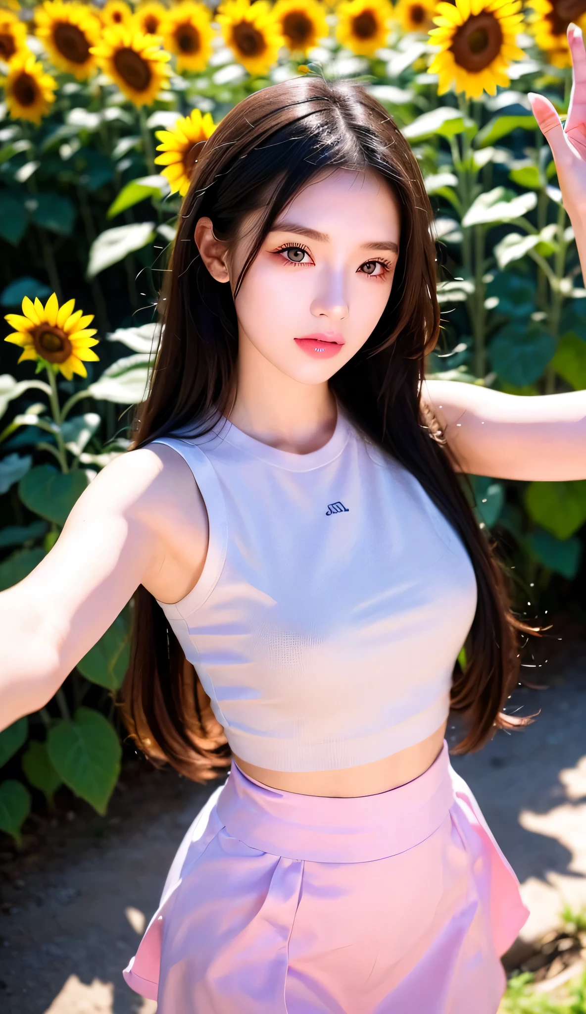1girl, long black hair, Selfie with mobile phone in right hand, Posing with 2 fingers on the left hand, High Details,Excellent work, Best Quality, Dynamic Angle, (18 age old)、(Top image quality)、(8K picture quality)、Flashing red light、beautiful effects, Vivid colors, Highly detailed image textures, detailed hairs, Detailed eyes, Pink singlet, Cream short skirt, Standing in the middle of a field of sunflowers,