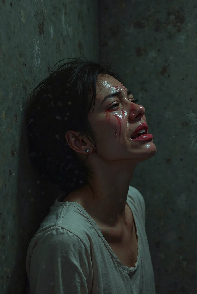 a beautiful woman in a red dress screaming looking up with a seductive position and an expression of pleasure, hyper realistic image dark environment, capturing a half-body photo with exquisitely detailed skin, Shot in cinematic style with a 70mm lens, the atmosphere is one of haunting beauty and desolation, rendered in hyper-detailed 8K resolution