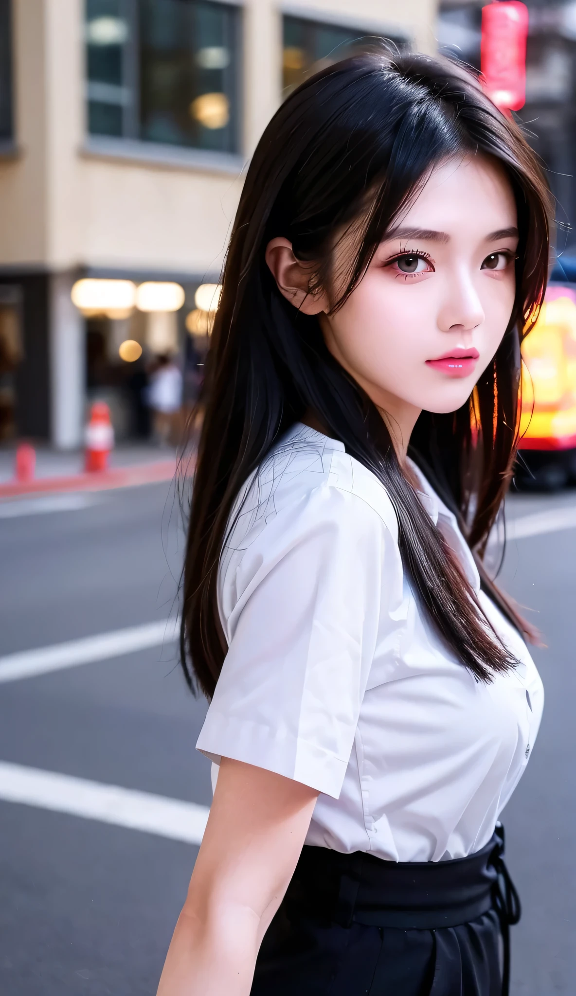 1girl, long black hair, Selfie with mobile phone, High Details,Excellent work, Best Quality, Dynamic Angle, (18 age old)、(Top image quality)、(8K picture quality)、Flashing red light、beautiful effects, Vivid colors, Highly detailed image textures, detailed hairs, Detailed eyes, Office worker uniform, Walking inside the street food,
