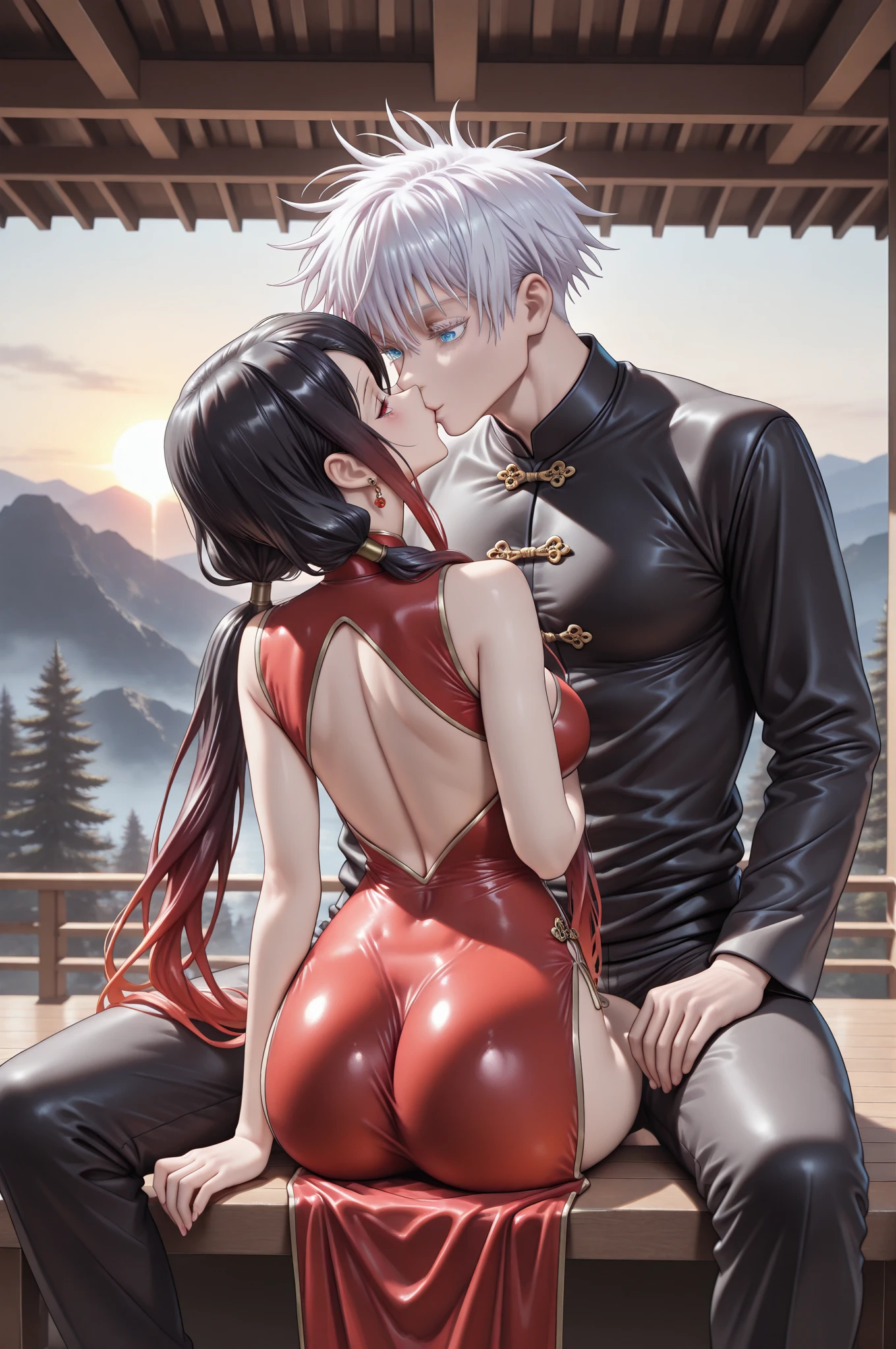 anime artwork, score_9, score_8_up, score_7_up, score_6_up, score_5_up, score_4_up, hu tao, she is 24 years old, style_3, ,,,,,,,,,, , 1boy, zhongli, breast grab, they are kissing, indoors, floox style, nude,naked, lying, nipples, deep skin