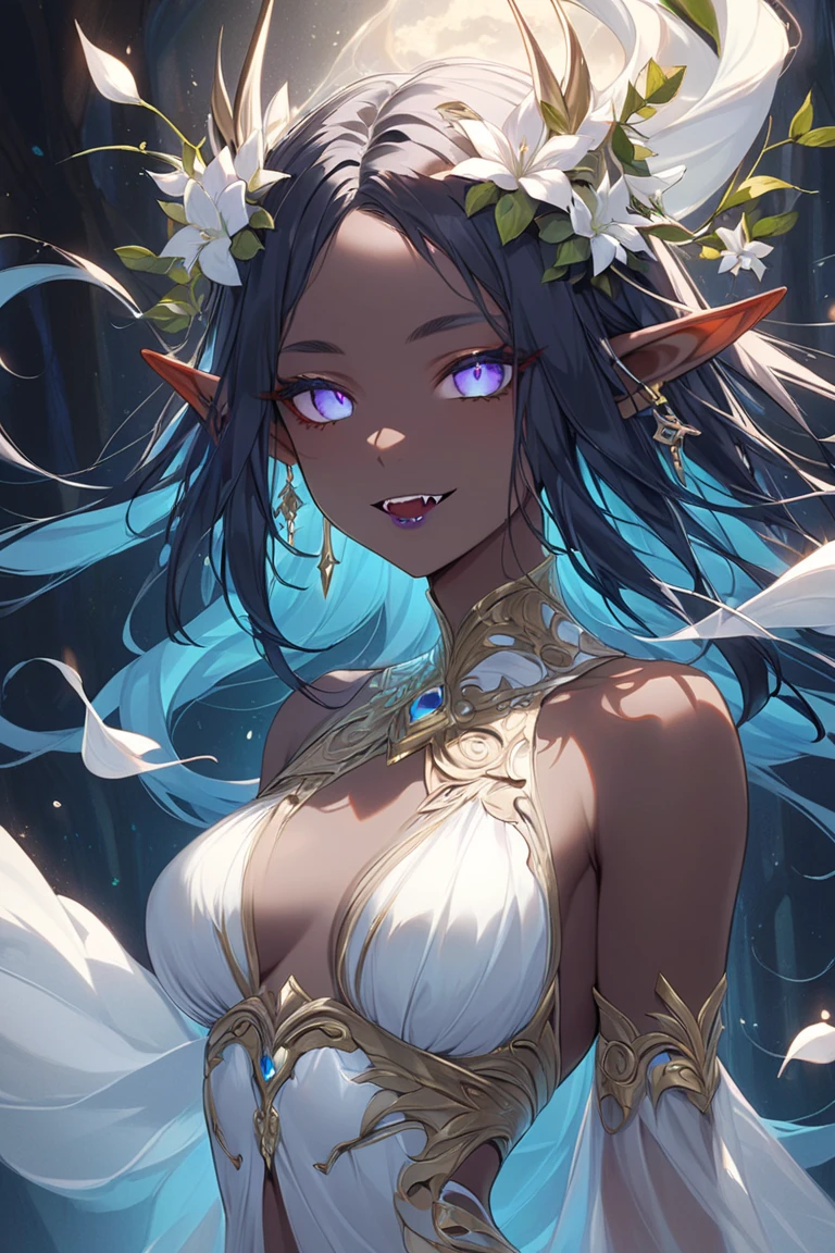 one young woman, (pale skin), (((slim body))), (((flat chest))), (((very flat chest))), (((extremely flat chest))), (((very small breast))), (((black hair))), (((black colored hair))), (((long hair))), (((straight hair))), (((no bangs))), ((no fringe)), (((her left eye is blue and her right eye is grey))), ((one blue colored eye)) and (((one grey colored eye))), (((slanted eyes))), narrow eyes, pointy ears, (((one person))), ((single)), ((solo)), ((wearing fantasy clothes)), (((fantasy style))), white lilies in the background, wearing a short dress, low cut dress, (yeji from itzy), mature face