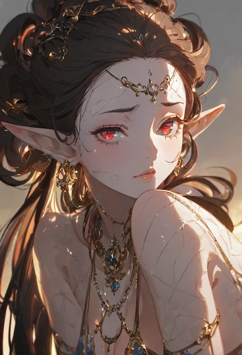 A close-up shot of an anime girl with a shy, embarrassed expression and flushed cheeks. She has long black hair flowing gently and striking red eyes. Elf, Pointy ears, (porcelain skin:1.4), (bellydancer),harem outfit, underboob. leaning slightly forward with a gentle gaze. This illustration is in Anime Style, using Digital Painting techniques, with Glow Effect and Soft Lighting for a dreamy aesthetic. The image is ultra-detailed, high-resolution, with cinematic lighting and best quality, 748cmstyle,luisap,shiny skin, detailed textures, digital painting, ultra-detailed, 8K, masterpiece, ray tracing, UHD, retina, masterpiece, accurate, anatomically correct, textured skin, super detail, high details, high quality, best quality, highres, 1080P, HD, 16k