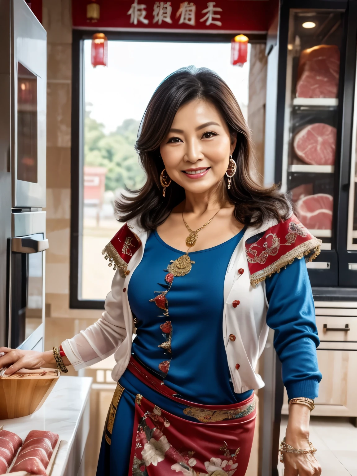 <lora:minka:0.8>, minka, 53yo, long wavy brown hair, slim muscular body, heavy tan, (wearing a hanbok), eating in a korean restaurant, shy smile, (insanely detailed, detailed face ,detailed eyes, masterpiece, best quality), full body in shot