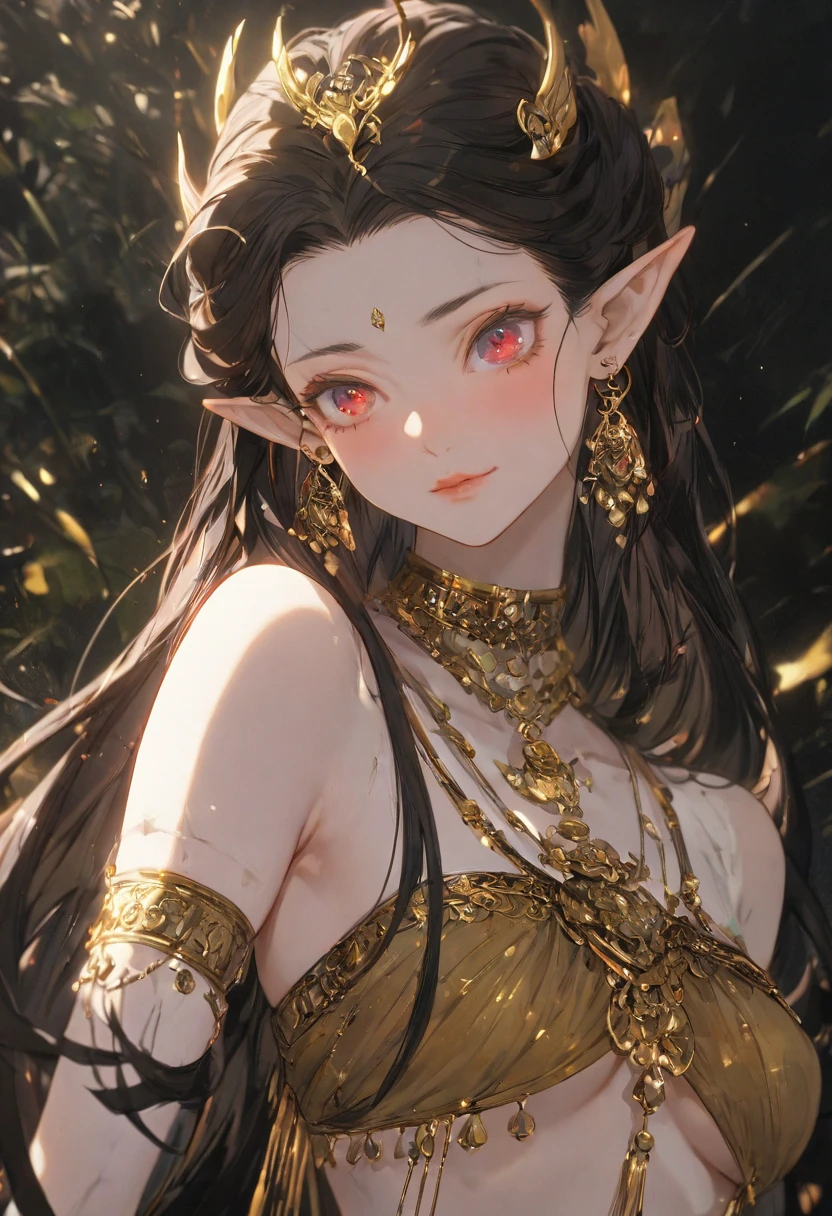 A close-up shot of an anime girl with a shy, embarrassed expression and flushed cheeks. She has long black hair flowing gently and striking red eyes. Elf, Pointy ears, (porcelain skin:1.4), (bellydancer),harem outfit, underboob. leaning slightly forward with a gentle gaze. This illustration is in Anime Style, using Digital Painting techniques, with Glow Effect and Soft Lighting for a dreamy aesthetic. The image is ultra-detailed, high-resolution, with cinematic lighting and best quality, 748cmstyle,luisap,shiny skin, detailed textures, digital painting, ultra-detailed, 8K, masterpiece, ray tracing, UHD, retina, masterpiece, accurate, anatomically correct, textured skin, super detail, high details, high quality, best quality, highres, 1080P, HD, 16k