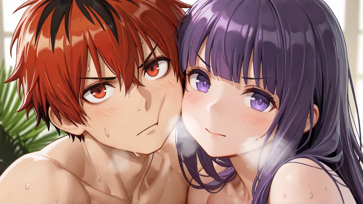 Red hair,wide hips,fully naked, massive hips,very wet body, bathroom, showering, glass walls, big cleavage,very nsfw,Igawa_Asagi, hugged by black a man(faceless),has a big cock,kissing, touching each other.