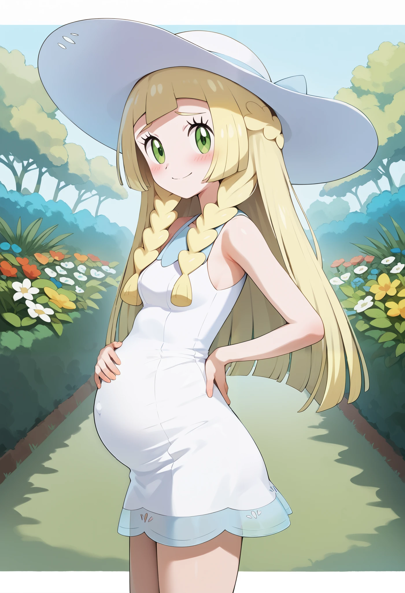 ((8k, top quality, masterpiece: 1.3)),best quality, ultra high res,score_9, score_8_up, score_7_up, score_6_up, score_5_up, score_4_up, source_anime, lillie, long hair, blonde hair, green eyes, standing, medium breast, smile, white dress,embarrassing, sun hat, white headwear, looking at viewer,White dress, short dress, garden, in the garden, garden background. Pregnant, pregnancy, shy smile, blush. Detailed background, anime background.