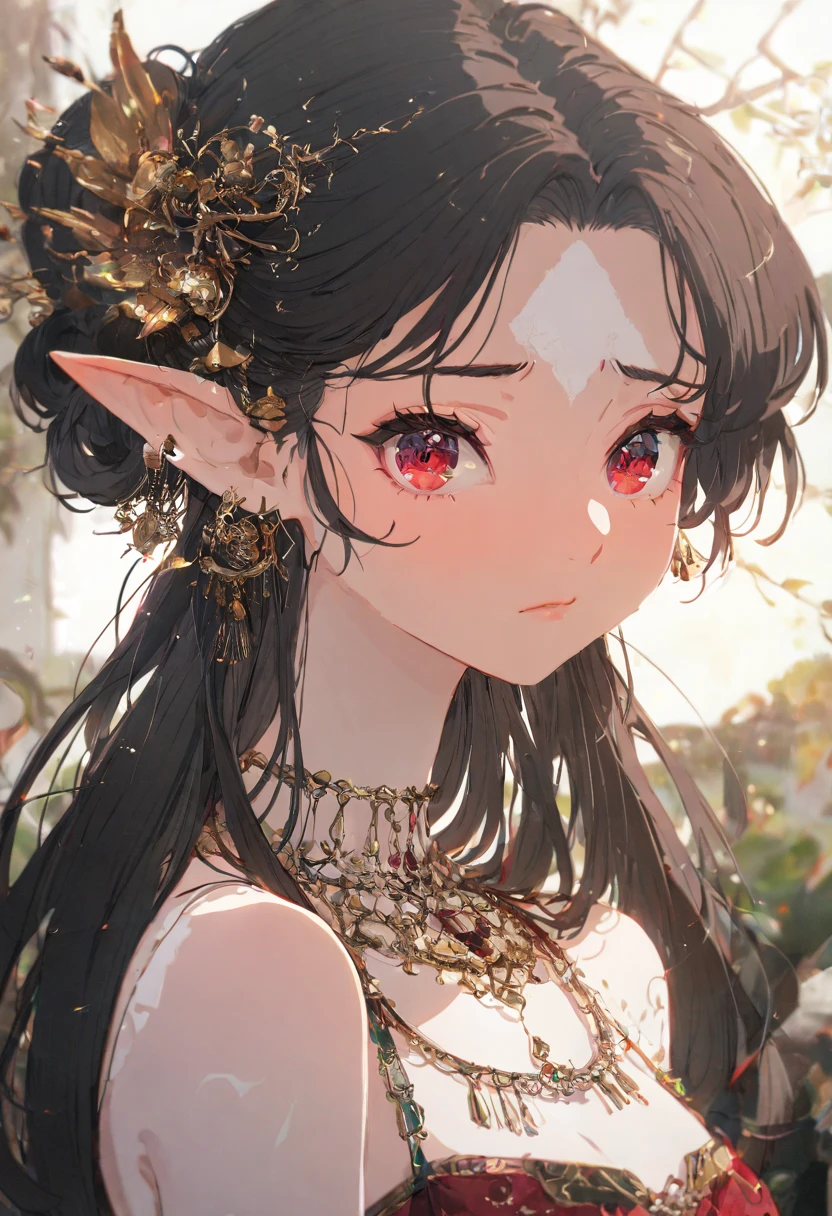 A close-up shot of an anime girl with a shy, embarrassed expression and flushed cheeks. She has long black hair flowing gently and striking red eyes. Elf, Pointy ears, (porcelain skin:1.4), (bellydancer),harem outfit, underboob. leaning slightly forward with a gentle gaze. This illustration is in Anime Style, using Digital Painting techniques, with Glow Effect and Soft Lighting for a dreamy aesthetic. The image is ultra-detailed, high-resolution, with cinematic lighting and best quality, 748cmstyle,luisap,shiny skin, detailed textures, digital painting, ultra-detailed, 8K, masterpiece, ray tracing, UHD, retina, masterpiece, accurate, anatomically correct, textured skin, super detail, high details, high quality, best quality, highres, 1080P, HD, 16k