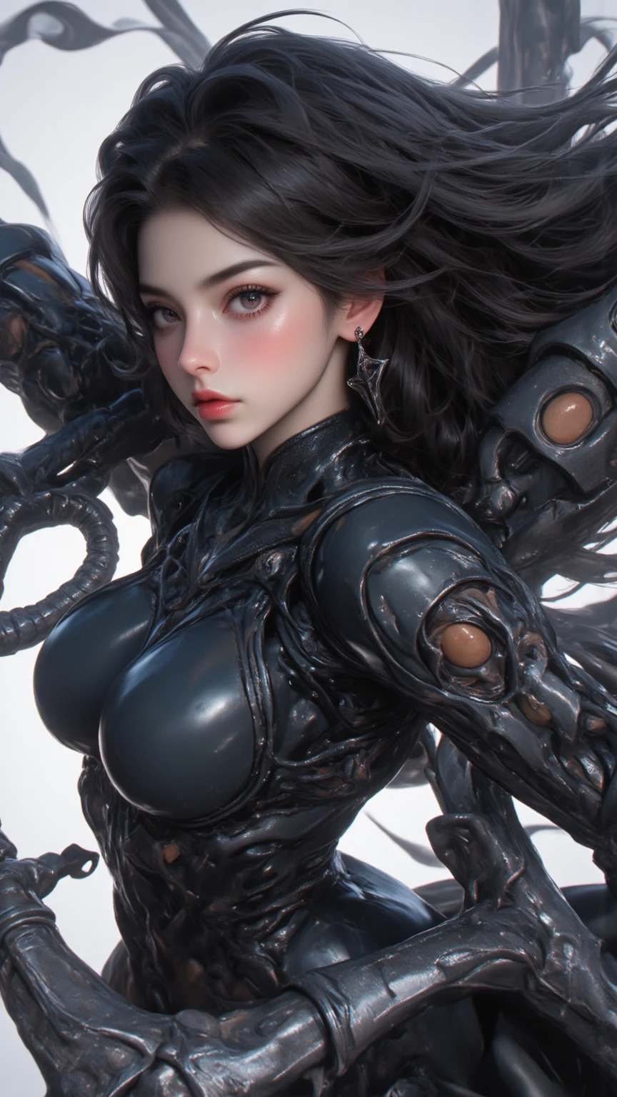 (((best quality))), (solo female), ((full-body)), long black hair, light blue eyes, emotionless expression, perfect face, purple+black+yellow bodysuit armor, amber glowing parts, sci-fi style, vibrant colors, futuristic lighting, detailed hair strands, metallic texture, sleek design, dynamic pose
