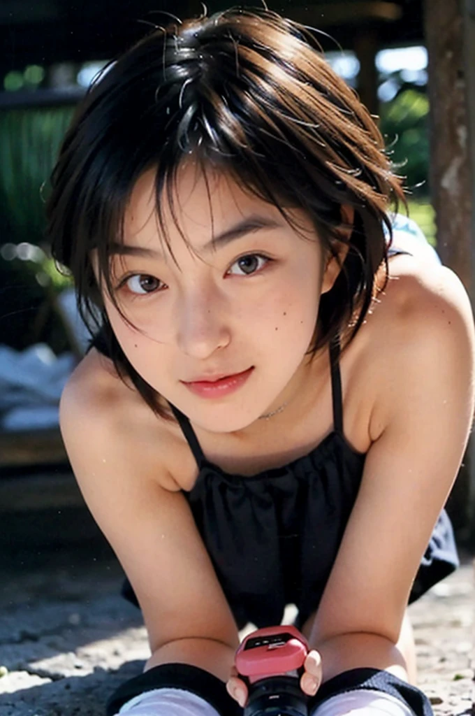 1girl, japanese, photorealistic, beautiful and detailed face, looking at viewer, simple background, solo, ocean, white shirt, see-through, small breasts, tank top. sunny, summer vacation, beach, (short hair, wet), smile, cinematic lighting, movie, japanese drama, (necklace), earrings