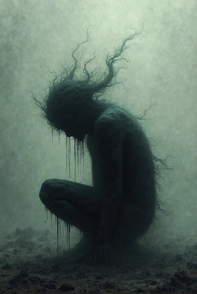 Create an image depicting depression as a person in profile, partially nude, with their face tucked into their legs inside a glass jar filled with rain. The background should be empty, with dark and dark blue colors.