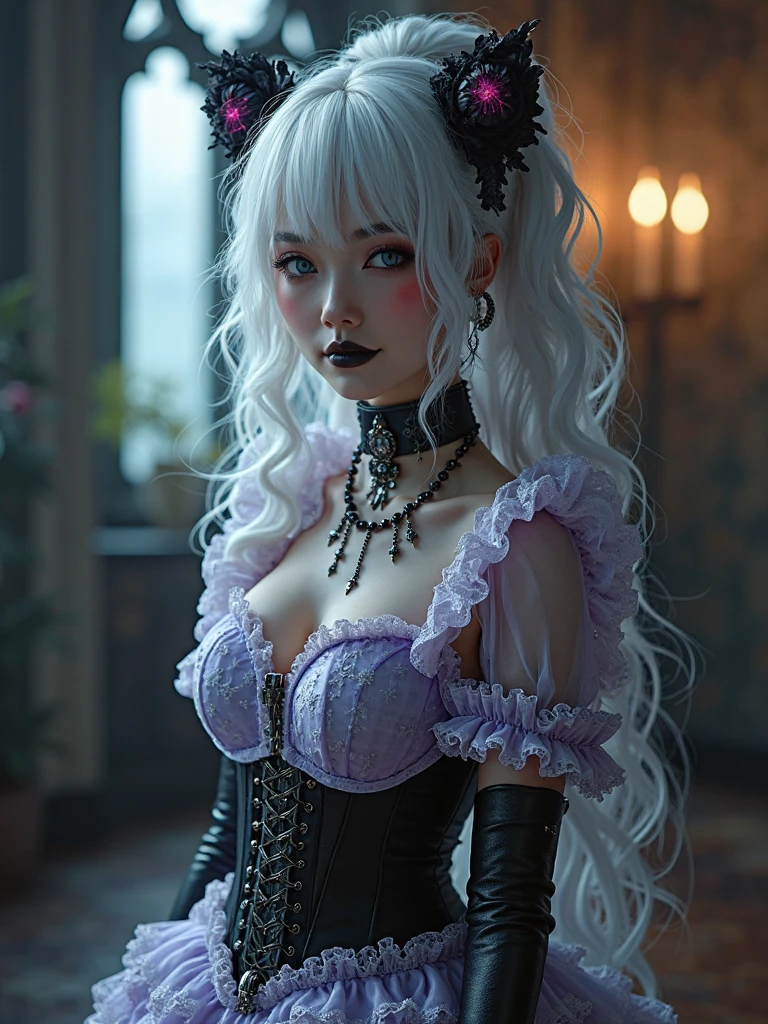 (1 girl 1.3) (extremely detailed 1.3) (anatomically correct, High precision, realistic skin, realistic Fingers, ) (RAW photo, Super detailed, advanced details, intricate details,), (Lighting: Face lighting, Ray tracing, reflective light, Structurally correct) (sitting on an ornate chair inside a Gothic house, candlelight lights the room)) (Subject: beautiful Asian woman with White hair in curls and coils) (wearing a Powder Blue Gothic Lolita dress, White corset, white, neck wrists and fingers, ((beautiful big blue eyes looking up at the viewer, black shiny lipstick, perfect Asian goth cyber makeup))