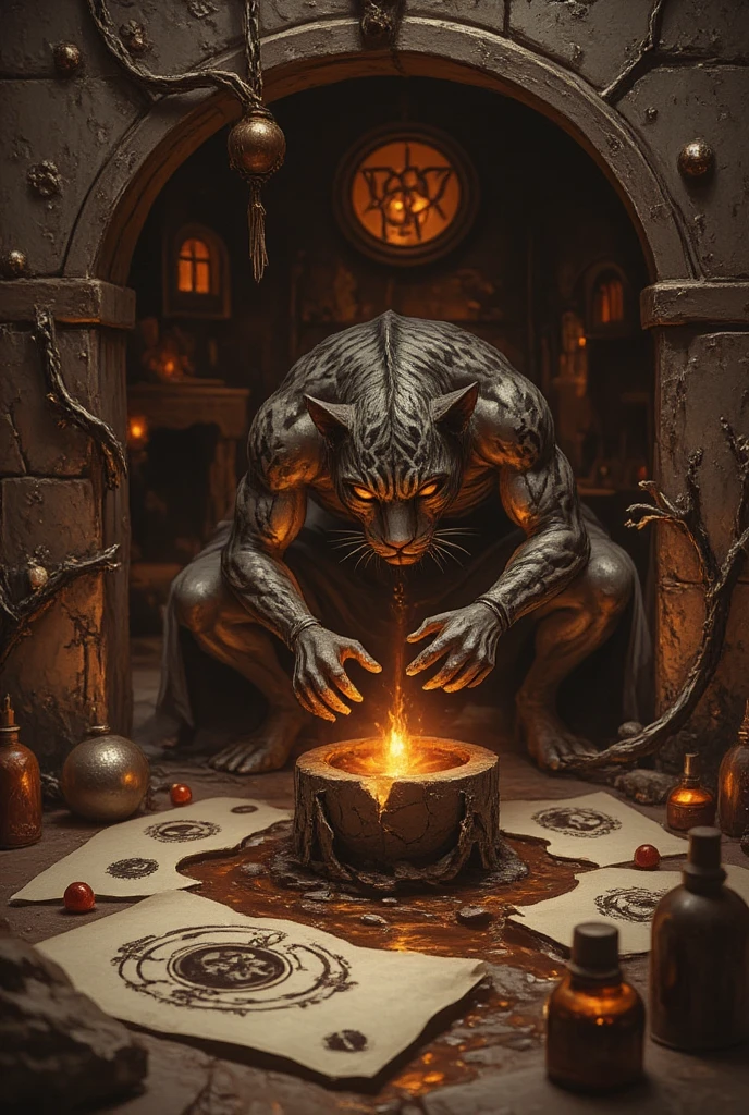 summon Mythological creature, beast, summon, summoner, cursed ritual, old photograph, dark, cursed, old photograph in basement, dark lord, devil, pet from hell, magic circle, retro photography, altar, mythological beast, beast