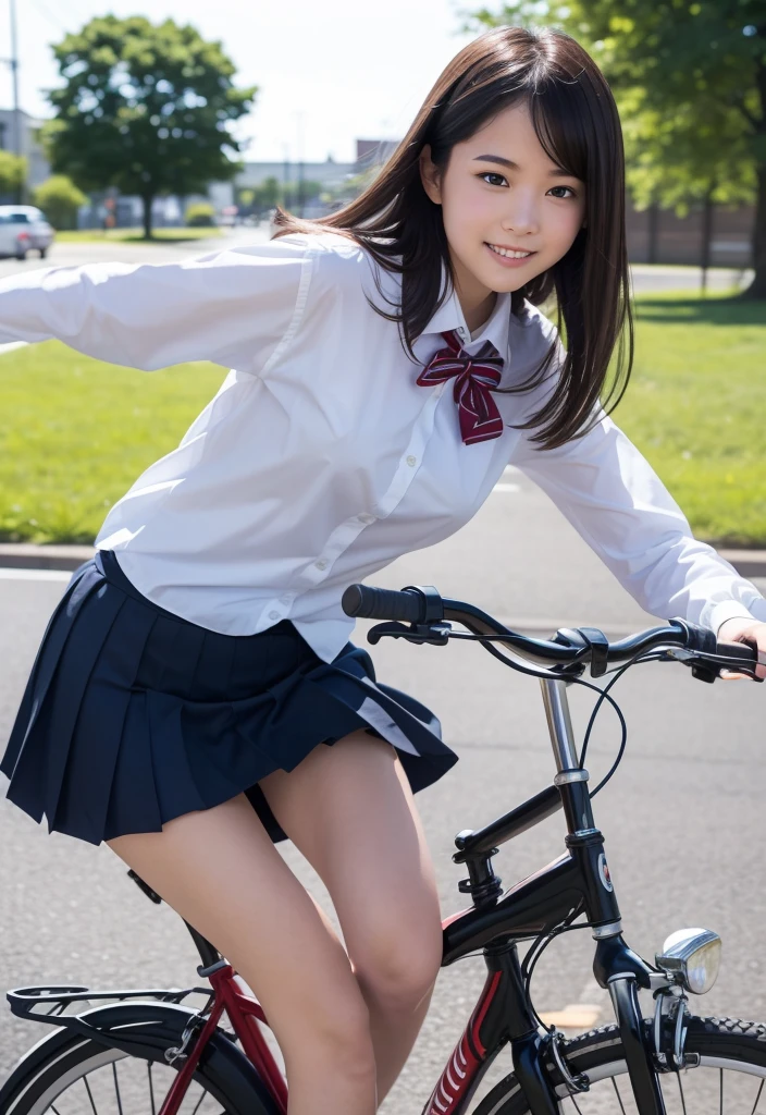 (riding a bicycle: 1.5), a strong wind is blowing and her skirt is billowing, (exposed panty:1.5), japanese riding a bicycle with her panties pulled down to show her, japanese girl , young sensual gravure idol, young gravure idol, young pretty gravure idol, young skinny gravure idol, kubo shiori, japanese model, cute , wearing skirt and high socks, giantess, giantess shot, realistic young gravure idol, highly detailed giantess shot, realistic , extremely detailed giantess shot, macro giantess, wearing japanese , school girl, umi shinonome, beautiful teen