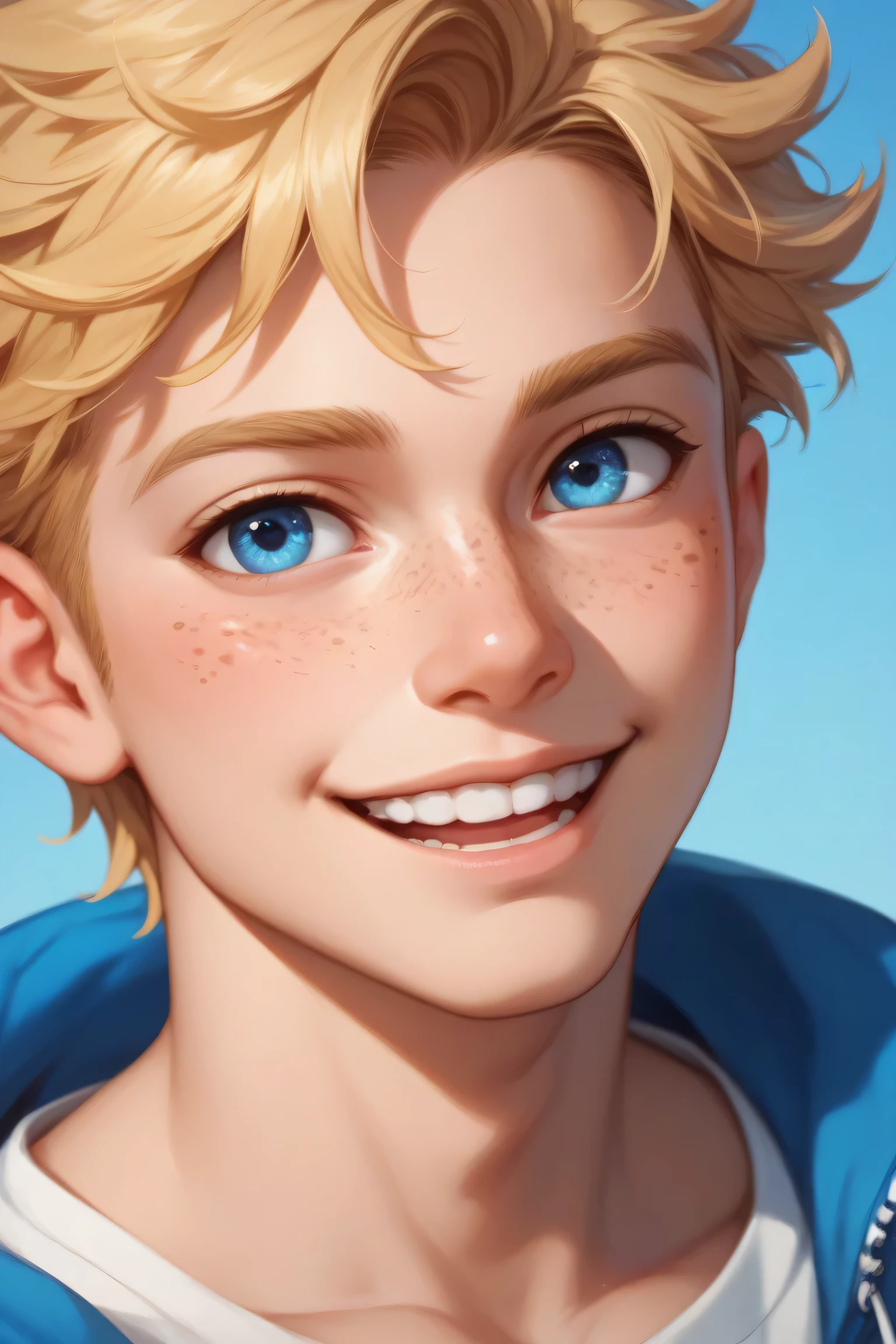 Create a picture of a man with short blonde hair, blue eyes and freckles all over his face. He is also grinning 


