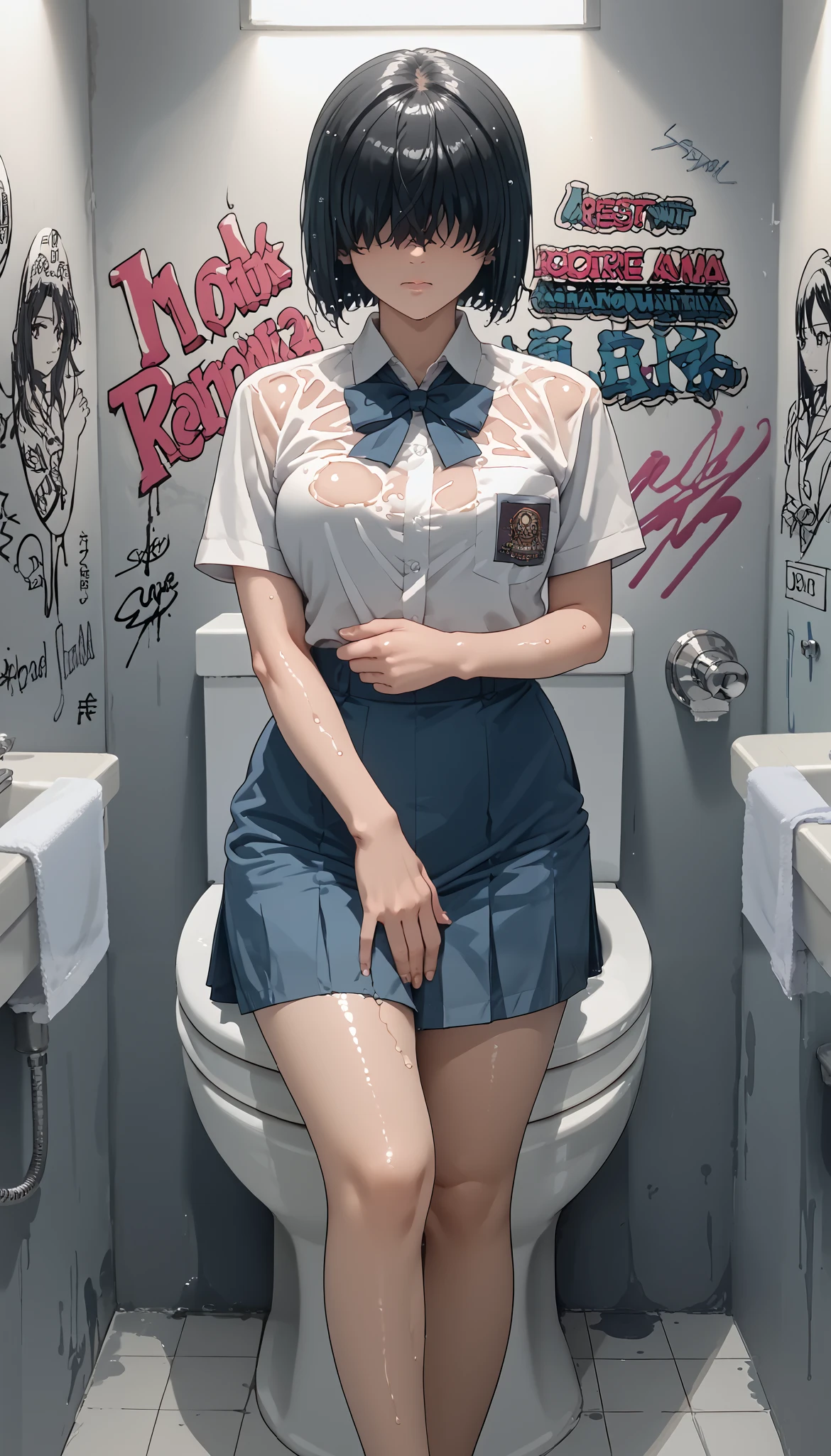 score_9, score_8_up, score_7_up, source_anime, Kaori sakaki,1 girl,alone,black hair, short hair,wide hips,hair covering eyes, Indonesia high school uniform,big breast, perfect body, wide legs,hips up, photo art, high detail, high resolusi, best quality, women's toilet, graffiti wall background, mirror glass, sink, dim lights, wet body,Cry