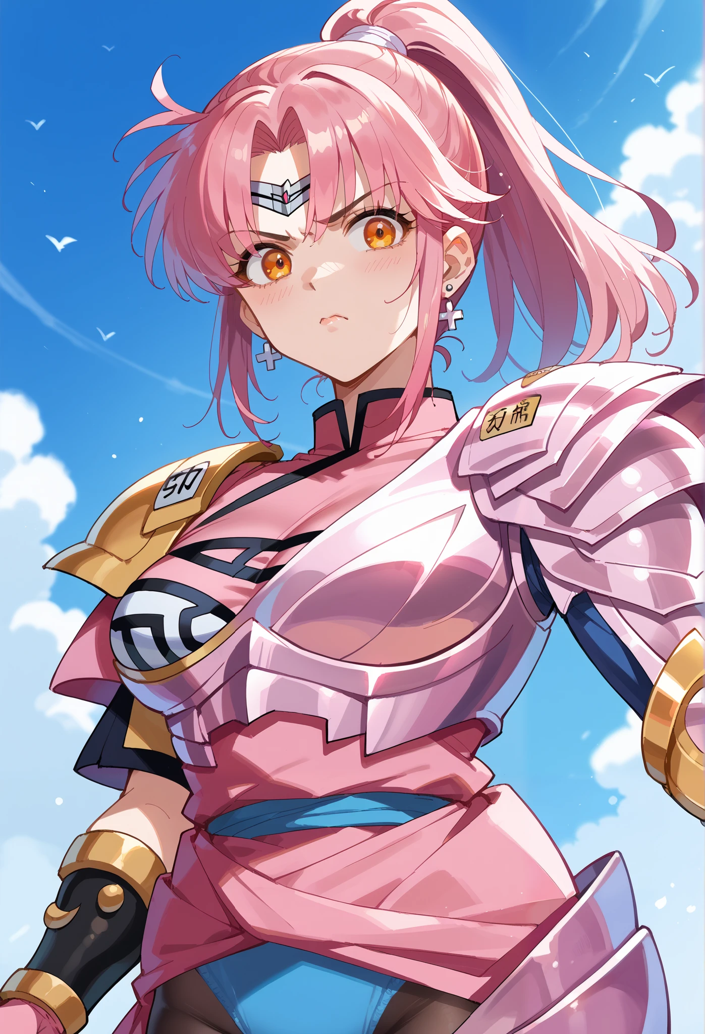 score_9, score_8_up, score_7_up, score_6_up, score_5_up, score_4_up, rating_ are suspicious, digital illustrations with excellent detail , Pixiv, official art, Porn Warning, 1 girl, cute, Alone, stud earrings, (big breasts), upper body, from below, ponytail,((Armor Ma'am、pink hair、orange eyes、ponytail、Dress in Armor、Pink Armor、armor legwear 、Single Gauntlet、pantyhose、blue underwear))、full body、 Martial Artist、Get Ready