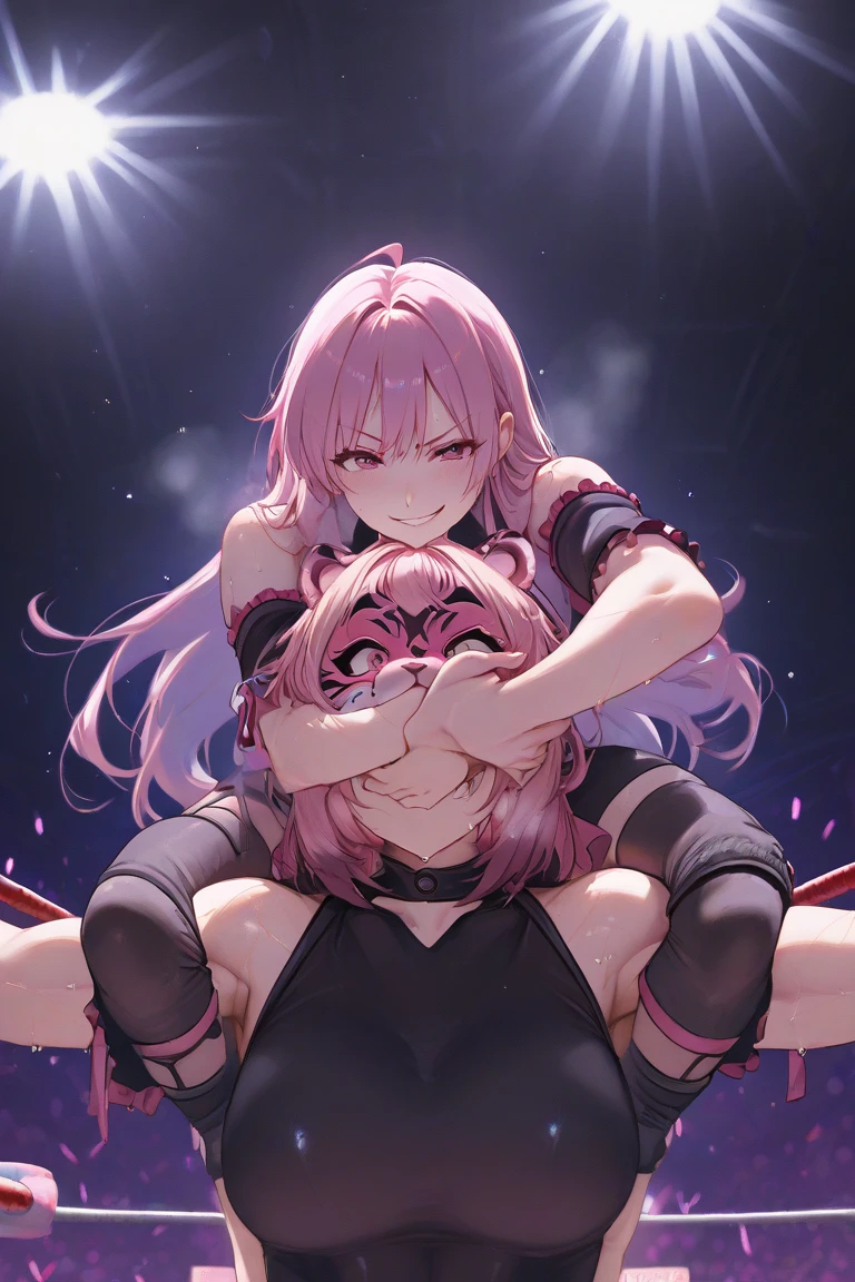 (((masterpiece))),(((best quality))),(ultra-detailed,high resolution:1.2),(illustration),((an extremely delicate and beautiful)),(detailed background), POV, ((((footjob)))), toe on penis, spread toe, cum on toe,massive ,(((wrestling ring))),((1petit girl)and(1shota boy)), hetero, (1petit girl,short stature),((((Fu Xuan/(Honkai:star rail/)))),official alternate costume, (slender body:1.4), pink hair, pink and yellow eyes, (small breasts),pale skin,shiny skin, (cum in mouth:1.4),cum on clothes,cum on breasts,excessive cum, clothing aside, clothed, evil grin, ((((1shota boy,short stature)))),((hair)),large penis,dark-skinned shota boy,interracial,